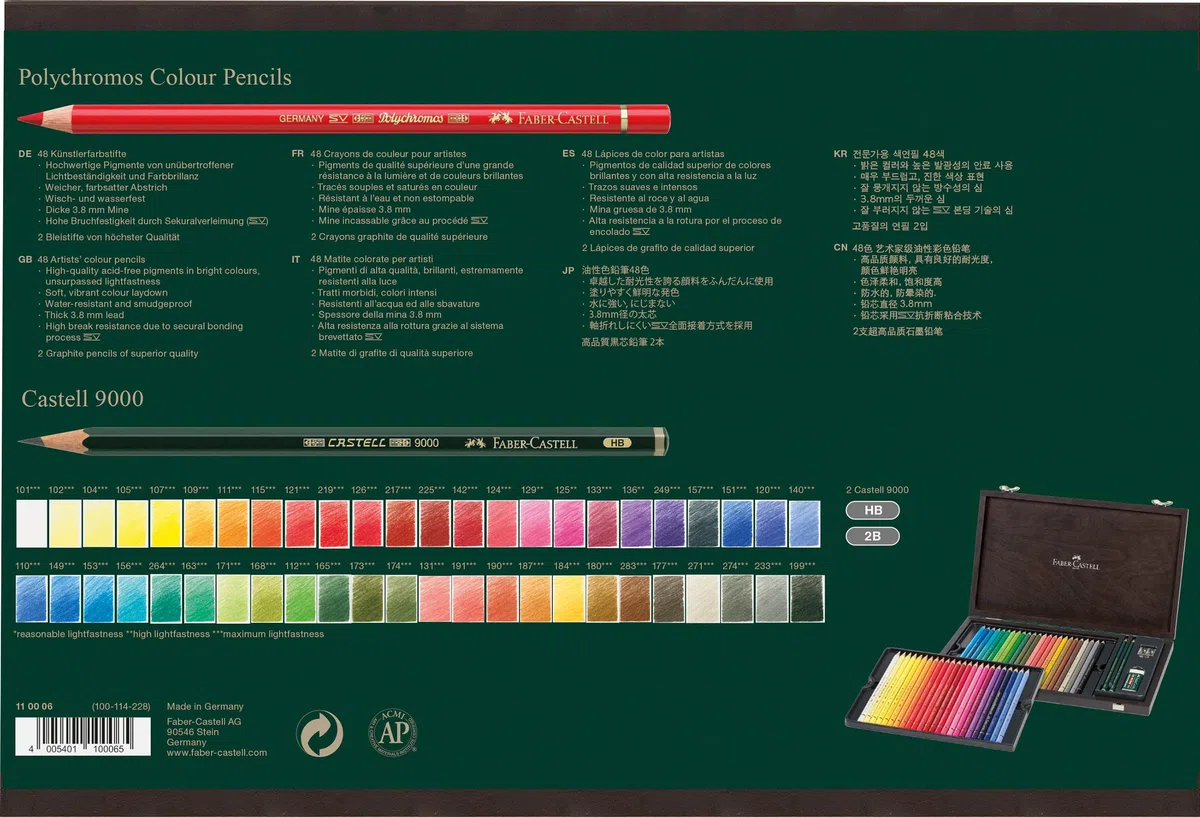 Faber-Castell - Polychromos Buntstifte Set 48 Farben im Holzkoffer | 48 Künstlerfarbstifte mit 3,8 mm Mine, inkl. 2 Bleistifte, Radierer und Anspitzer im Holzkoffer