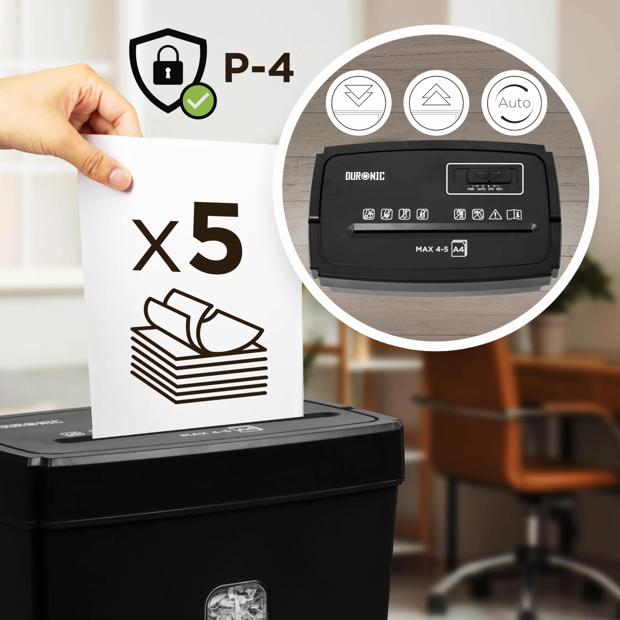 Duronic Aktenvernichter, Schredder mit Sicherheitsstufe P2, Reißwolf für Büro und Home-Office, Zerkleinerer für Blatt Papier (PS657)