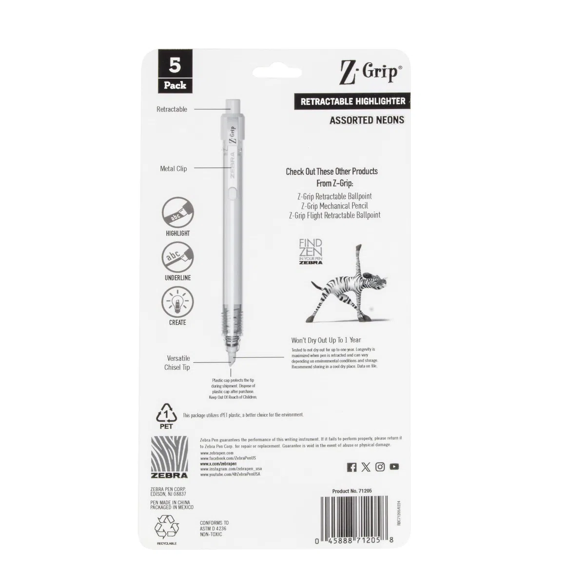 Zebra Pen Z-Grip Textmarker-Set, einziehbar, Keilspitze, verschiedene Neonfarben, 5 Stück
