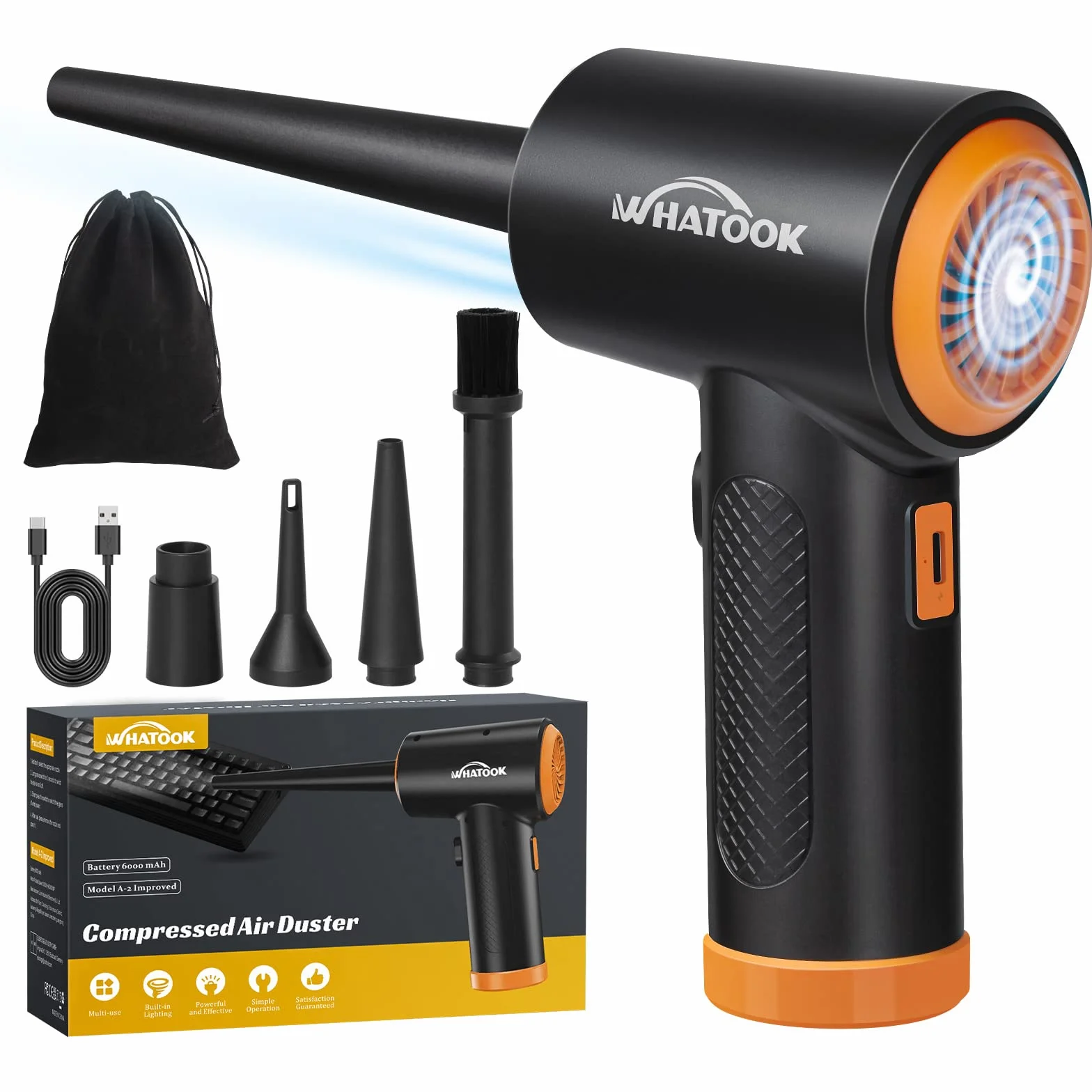 Elektrisches Staubgebläse 60000 U/min, 3 Stufen, LED, USB-C | Druckluftspray-Alternative & Air Duster mit 5 Düsen für PC, Tastatur, Laptop, Kamera, Auto und enge Ecken