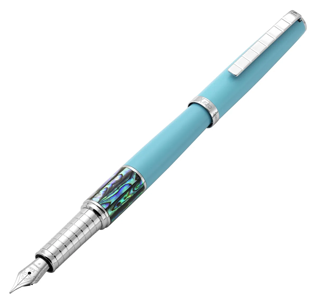 Xezo Speed Master Füllfederhalter, Feine Feder. Matt Himmelblau mit Pāua Abalone Muschel. Verchromt. Leichter Messingkörper. Keiner gleicht dem Anderen