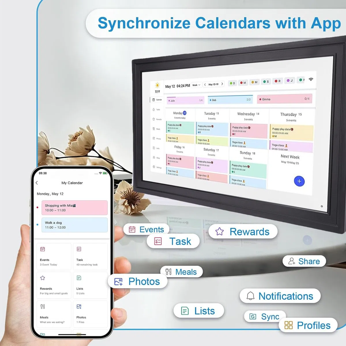21,5-Zoll-Smart-Touchscreen-Digitalkalender, WLAN-Wandmontierbarer Familienplaner mit Interaktiver Aufgabentabelle und App-Steuerung, für Cozi Yahoo Sync (EU-Stecker)