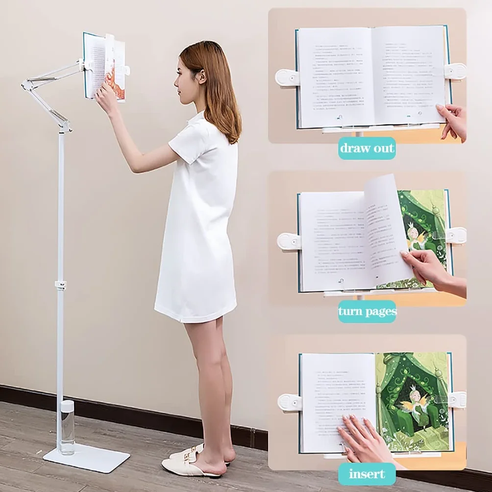 Klappbares Leseregal, Bodenständer, Boden-Leseständer, Buchhalter, höhenverstellbar, Kochbuchständer, Bodenmontage, Langer Arm, Tisch, Bett, Notenständer (Größe: mit Lampe)