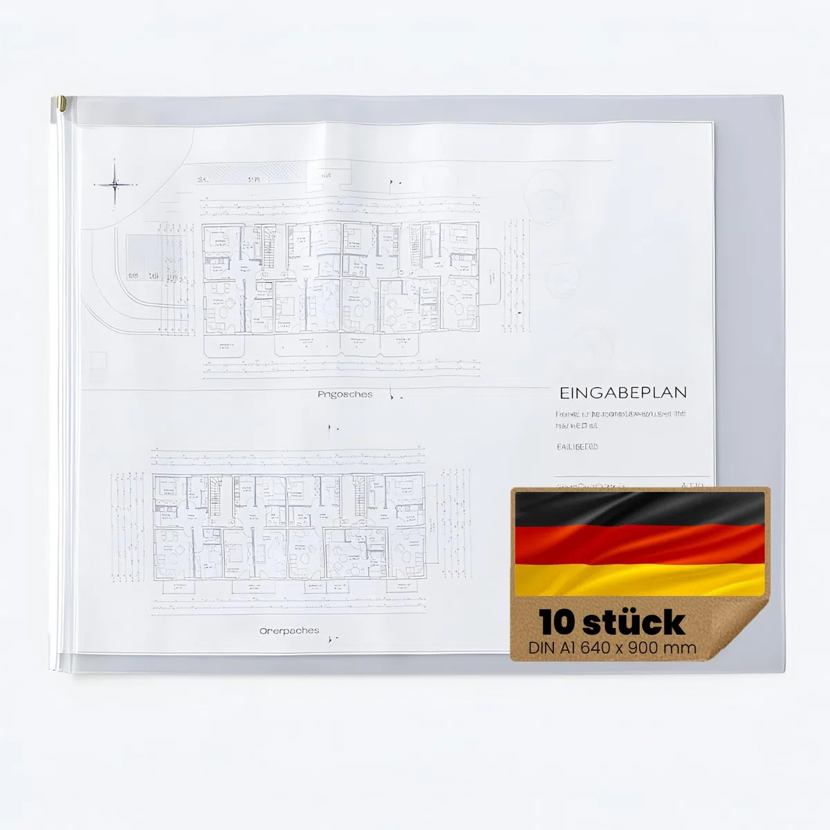 (640 x 900 mm) Din A1 – 10 Stück | Transparente Schutzhüllen mit Reißverschluss | Wasserfest, reißfest, beschreibbar | Schutzfolie für Baupläne & Dokumente