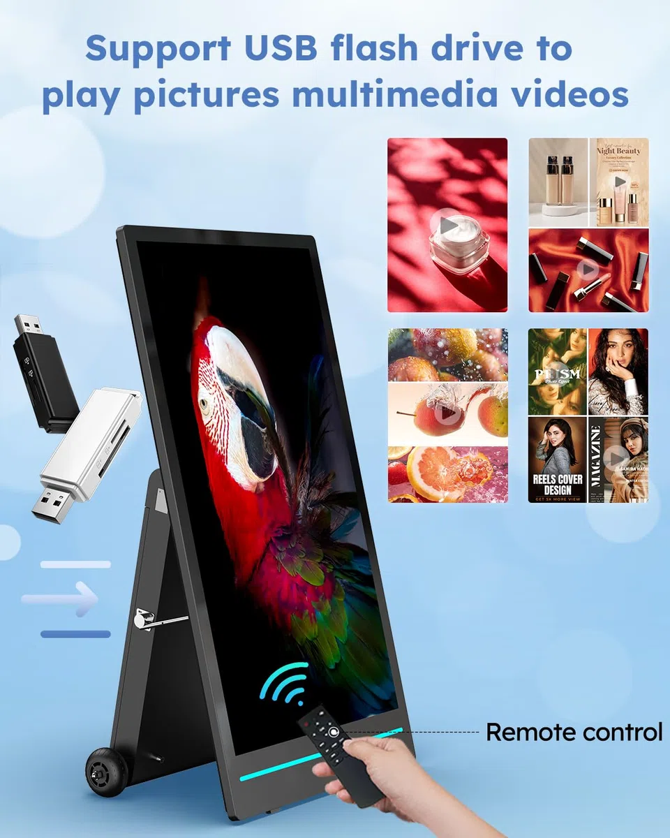 55" Outdoor Digital Customer Stopper, Digital Signage Display with Rechargeable Battery, 2000 Nits High Brightness LCD, IP65 Waterproof Movable Poster Stand with Wheels, für Gastronomie & Retail