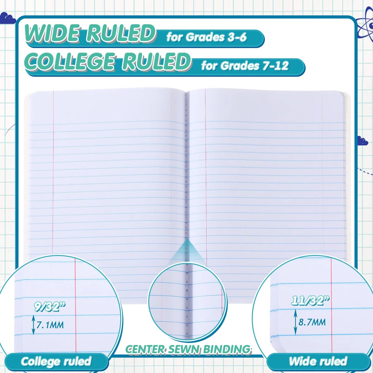 Fulmoon Kompositions-Notizbuch, College-Notizbuch, liniert, Hardcover, 30 Blatt/60 Seiten, für Schule, College, Tagebuch, Schreibprogramme, Kunstrezepte, 26 x 18 cm, bunt, 48 Stück