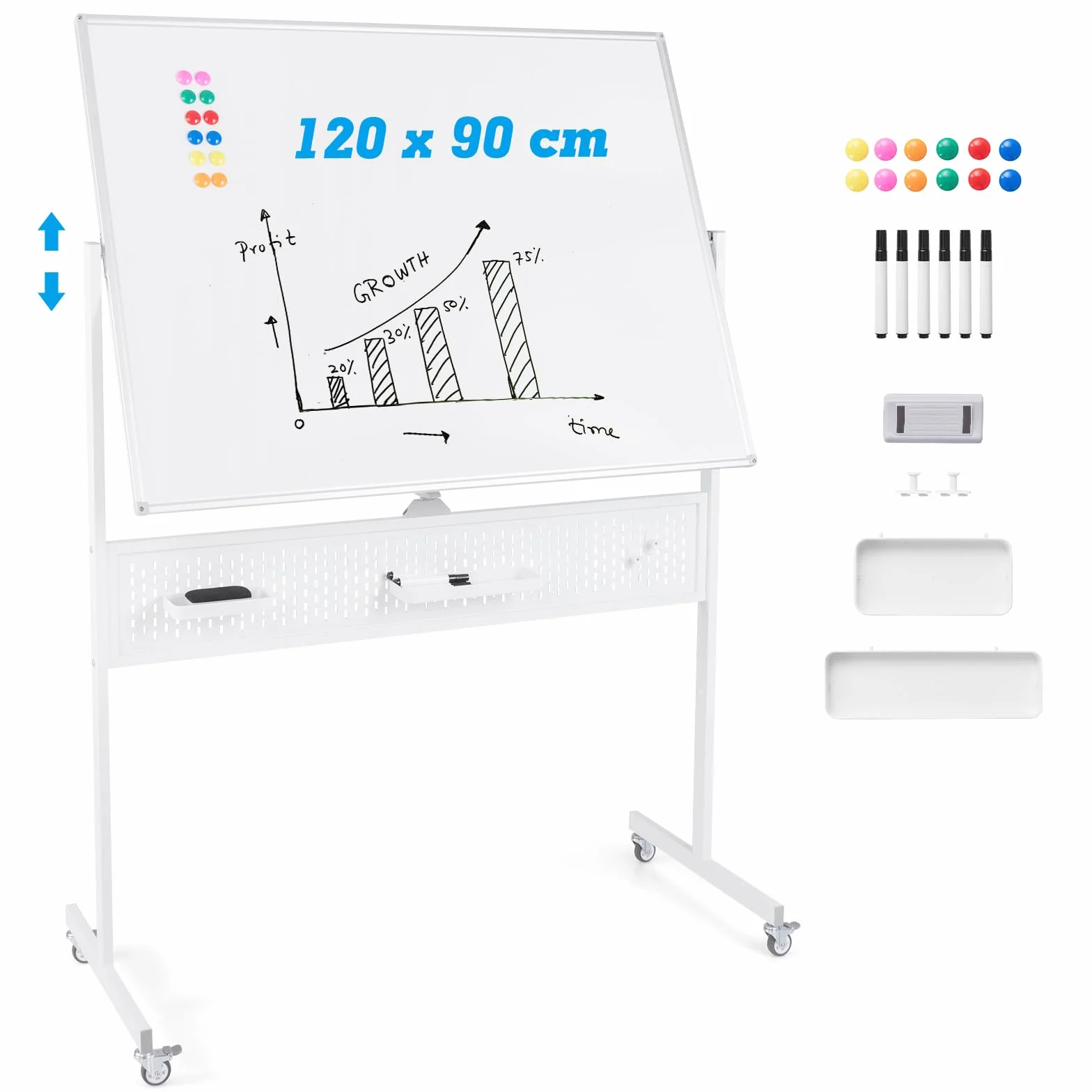 COSTWAY Doppelseitiges mobiles Whiteboard, 120 x 90 cm, Trocken abwischbares magnetisches Whiteboard mit Stecktafel, Rollen und Ständer, inkl. Zubehör für Büro, Zuhause, Weiß