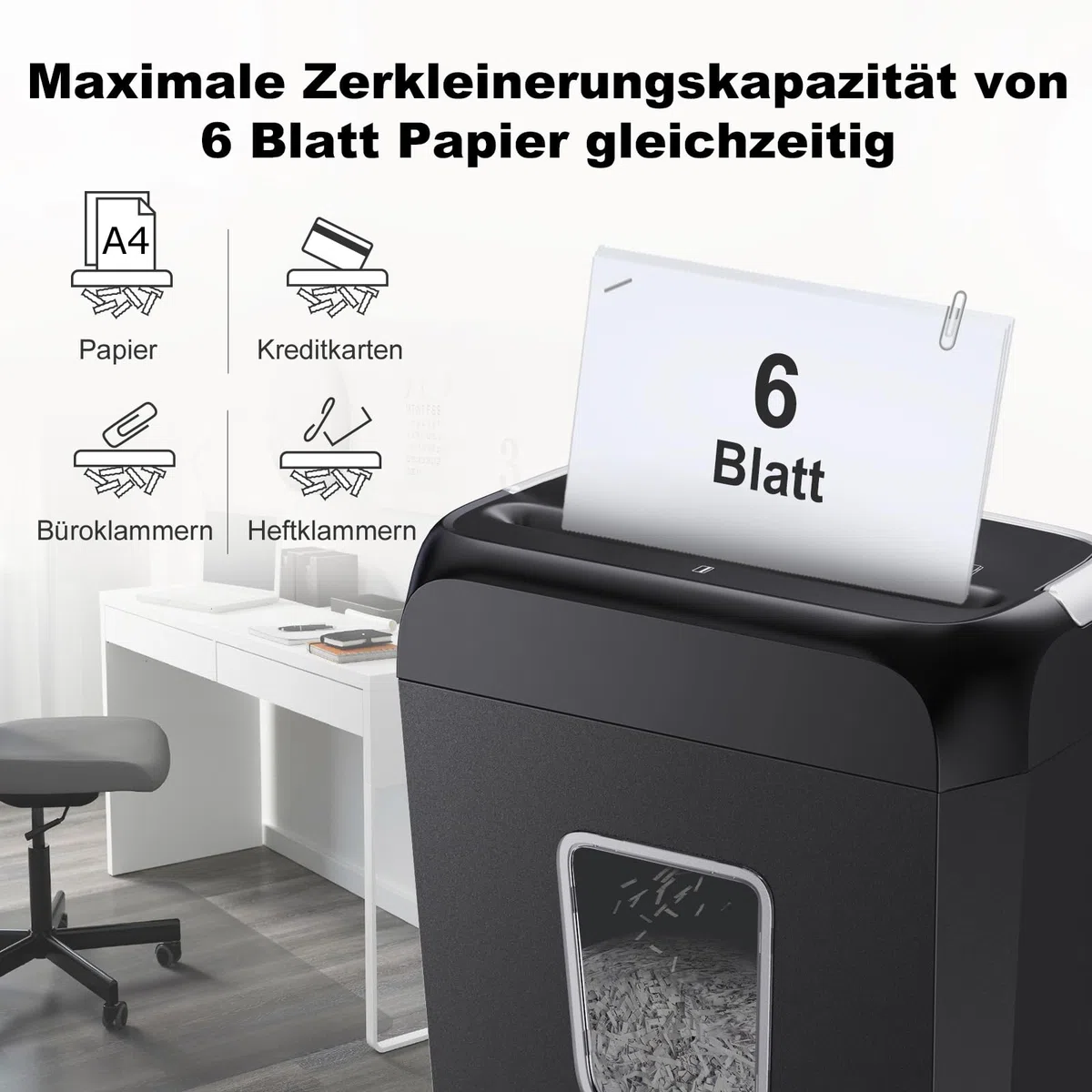 Bonsaii Aktenvernichter, Schreddert 6 Blätter auf Einmal, Kann Kreditkarten und Büroklammern Zerkleinern, Papierschredder mit Einem 13-Liter-Abfallbehälter C237-B
