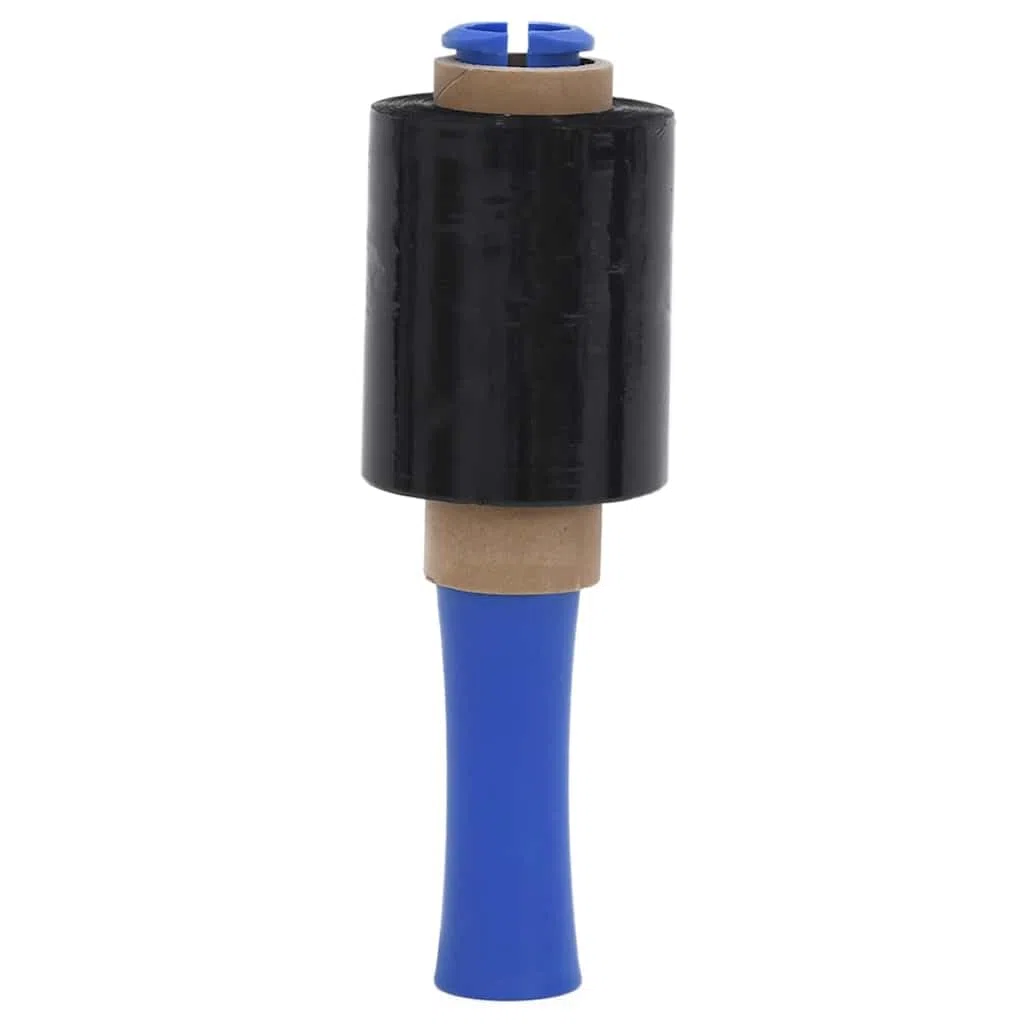 PE Stretchfolie Schwarz 23 μm 10 cm x 150 m, 50 Stück Stretchfolien mit Griff, strapazierfähige Verpackungsfolie aus Polyethylen für Schutz vor Staub und Schmutz bei Lagerung