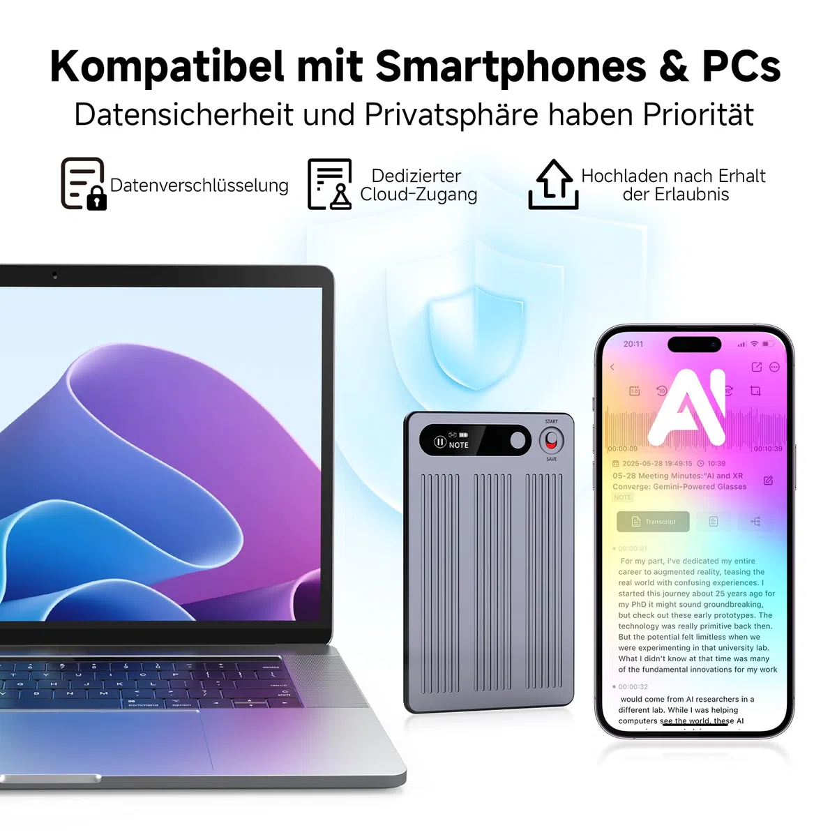 KI Digitales Diktiergerät 64GB, mit Transkribieren und Zusammenfassen | One-Touch-Aufnahme, 80+ Sprachen Übersetzung, Voice Recorder Für Meetings/Interviews/Klassen/Telefonate (mit schwarzer Hülle)