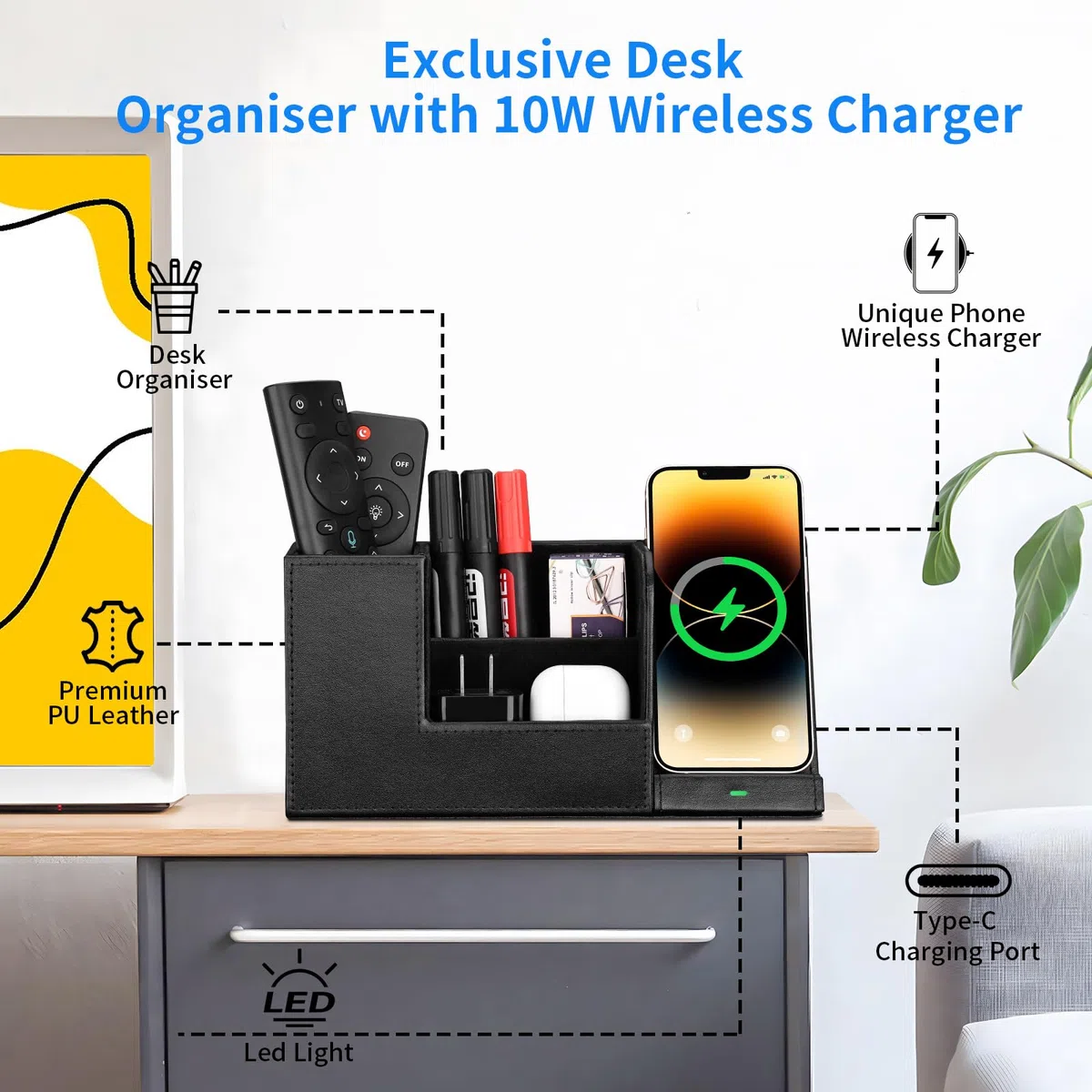 GORESE 2 in 1 Stiftehalter Schreibtisch Organizer mit Schnelles kabelloses Ladegerät, Büro Organizer bürobedarf 10W Induktive Ladestation für iPhone15 14 13 12Pro Max Samsung Galaxy S23/S22/S21/S20/S9