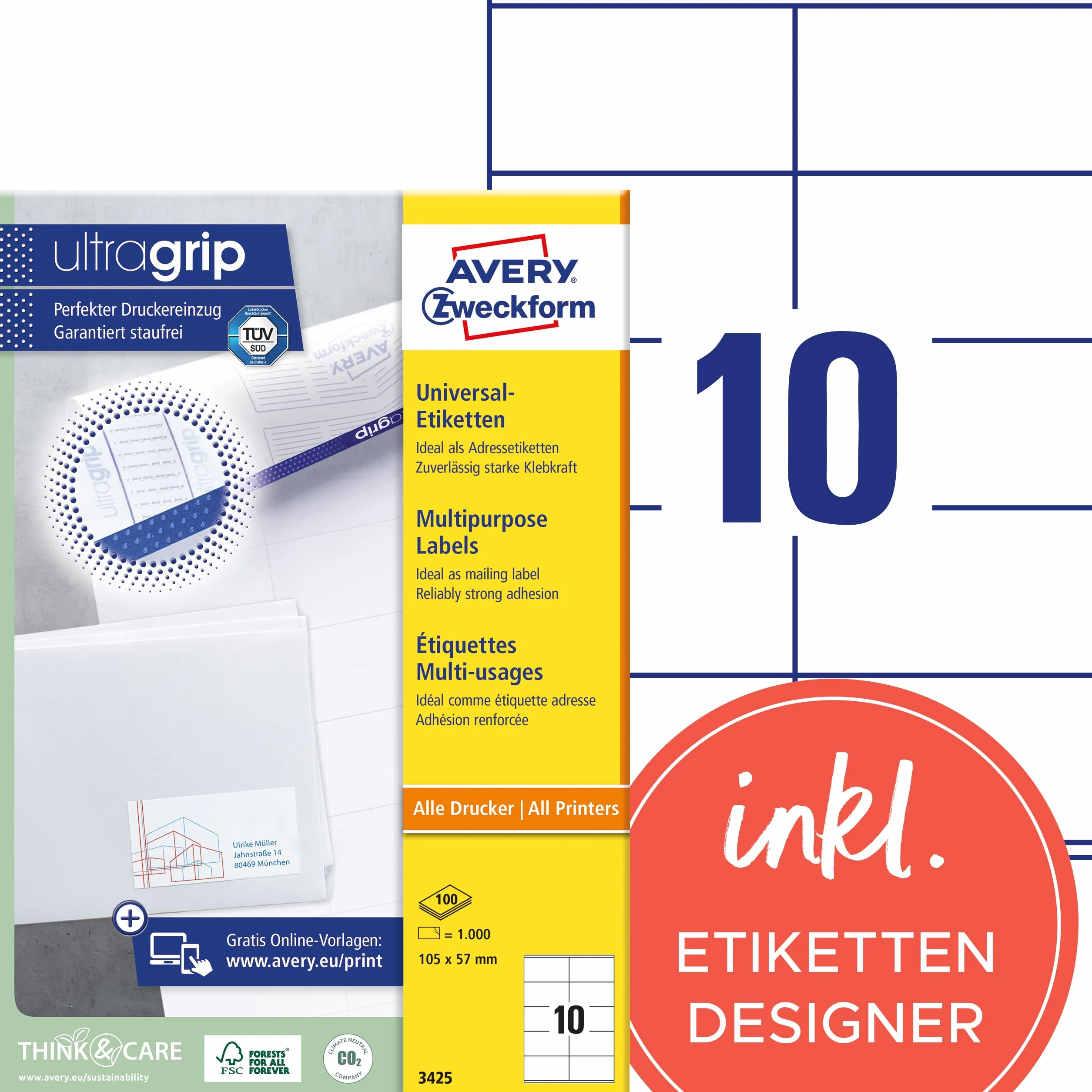 AVERY Zweckform 3425 Adressaufkleber (1.000 Klebeetiketten, 105x57mm auf A4, Papier matt, individuell bedruckbare Absenderetiketten, selbstklebende Adressetiketten mit ultragrip) 100 Blatt, weiß