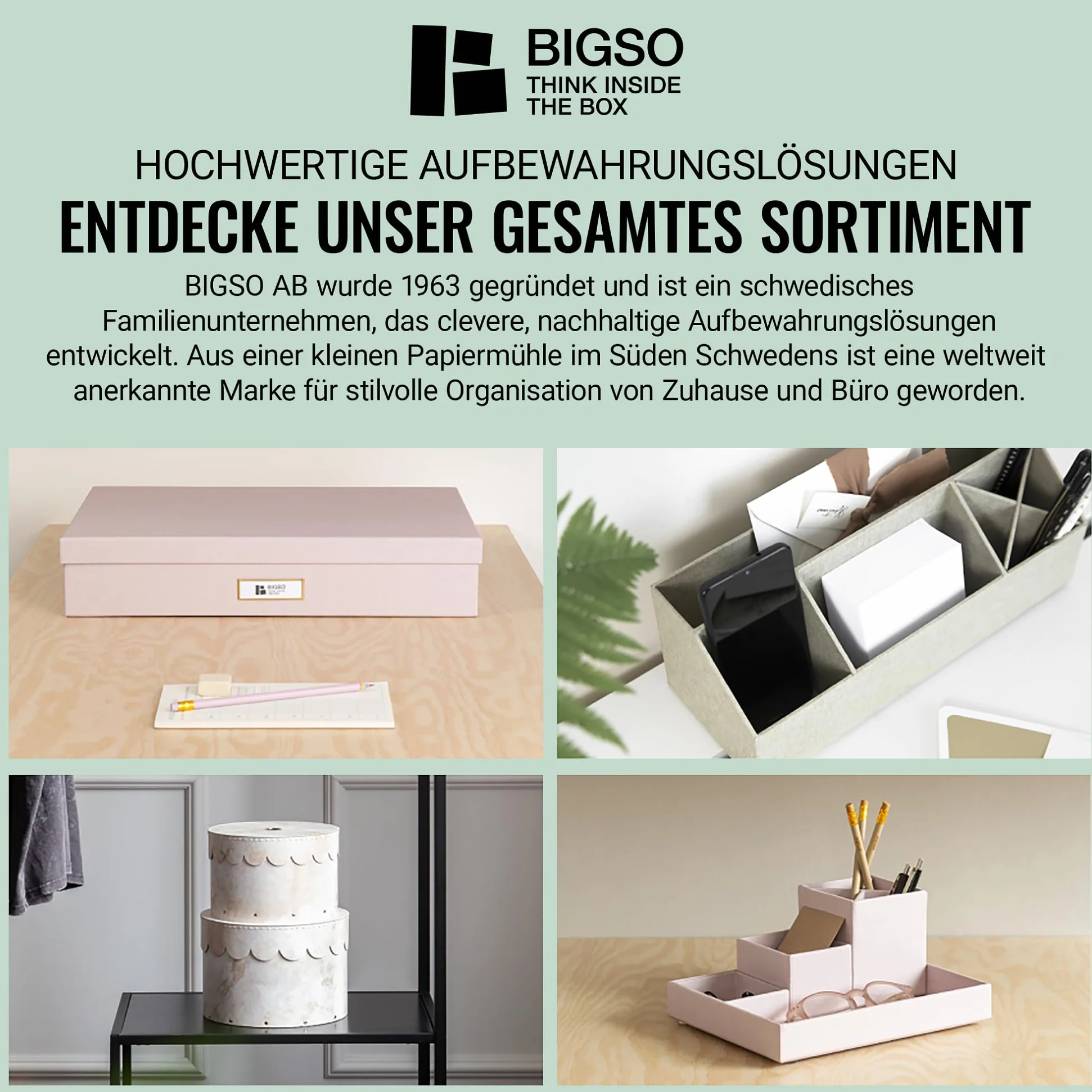 BIGSO JOHAN Hängeregisterbox A4 – Hängemappenbox mit Deckel und Griff – Schreibtischablage für Hängemappen & Dokumente – Aufbewahrungsbox aus recycelter Faserplatte und Papier – mintgrün
