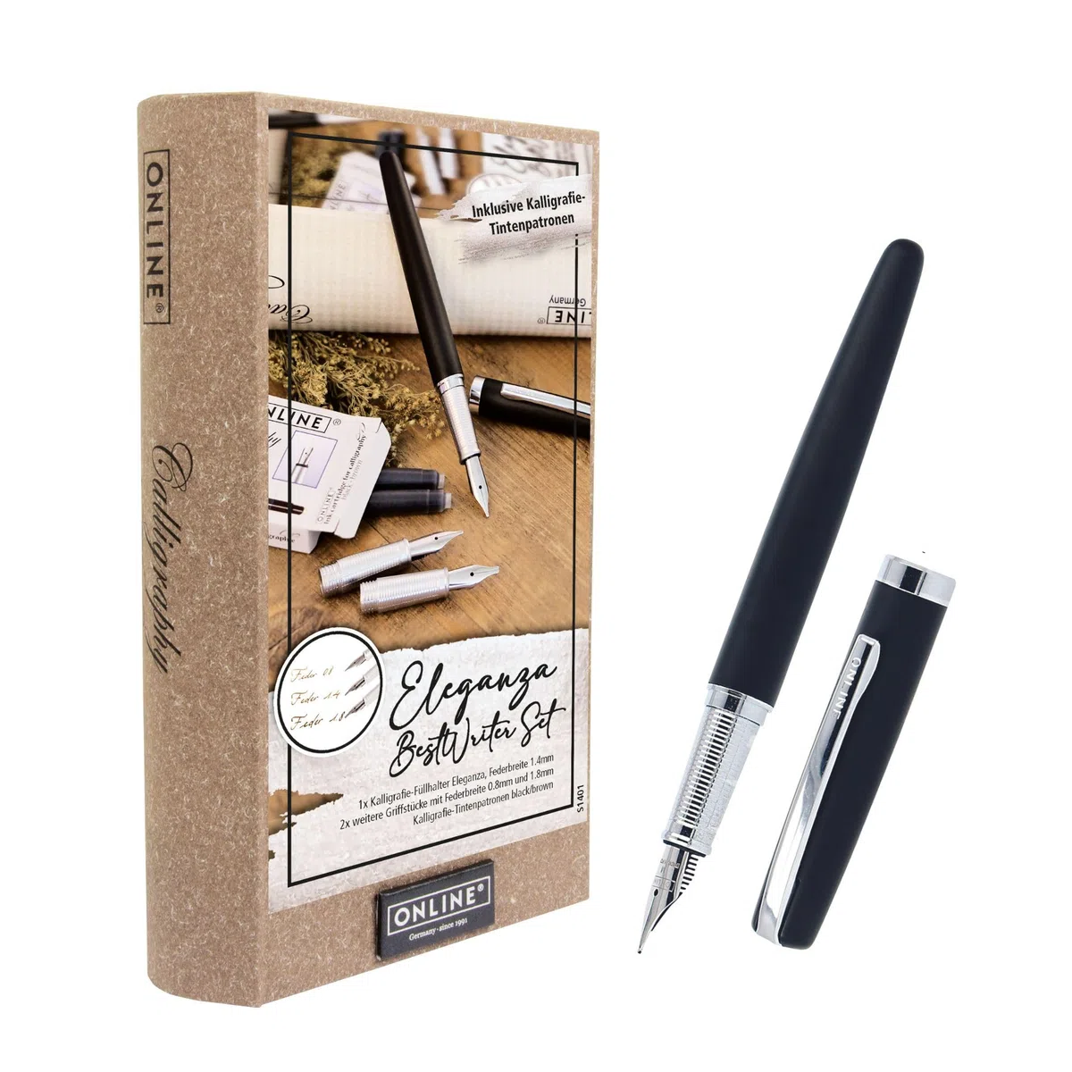 Online Eleganza Kalligrafie Set, Schönschreibfüller mit 3 Federn in den Strichstärken 0,8/1,4/1,8 mm, Kalligrafie Füller Geschenkset, inklusive Tintenpatronen schwarz/braun, Geschenkverpackt
