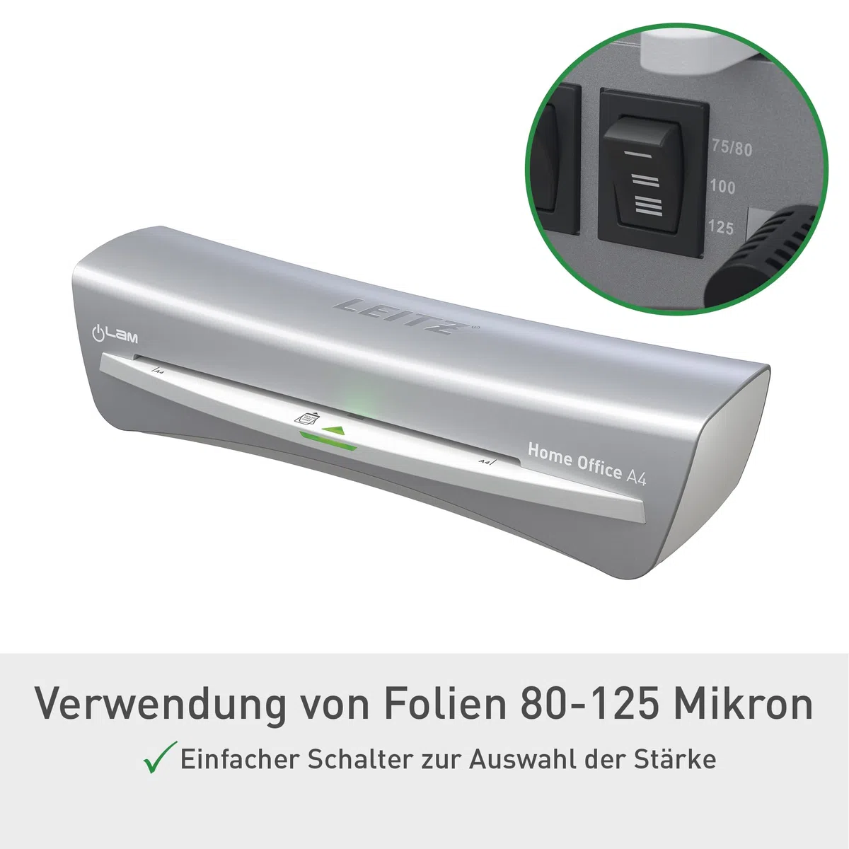 Leitz iLAM A4 Laminiergerät, sehr kurze Aufwärmzeit von 2 Min, 75-125 mic, Smart LED Status, Anti-Stau, Auto-Abschaltung, inkl 5x A4-Laminierfolien, Für Home Office und Büro, Silber und Weiß, 73680089
