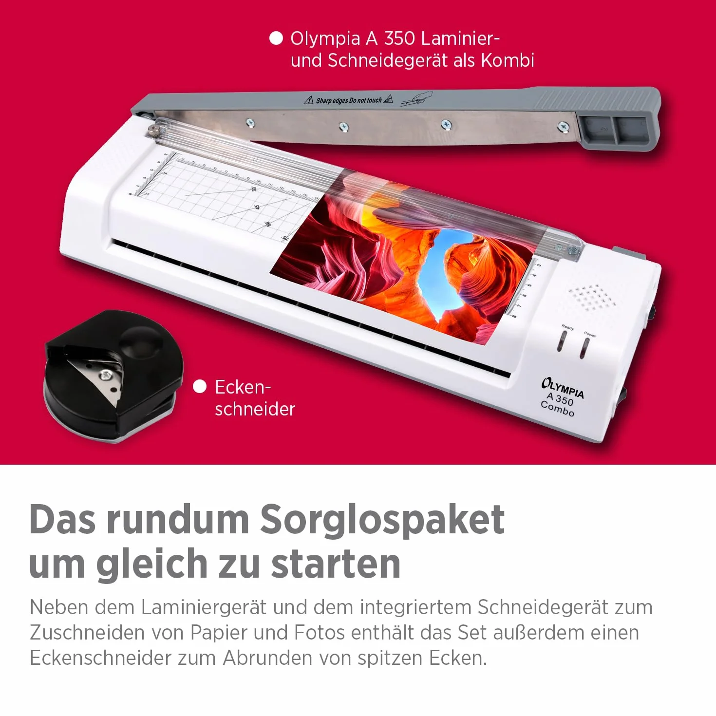 Olympia A 350 Combo 3-in-1 Laminiergerät | Heiß- und Kaltlaminieren | Kombi Laminier- und Schneidegerät | Keine Blasenbildung | Laminiergerät A4 | Laminator | Modernes und kompaktes Design