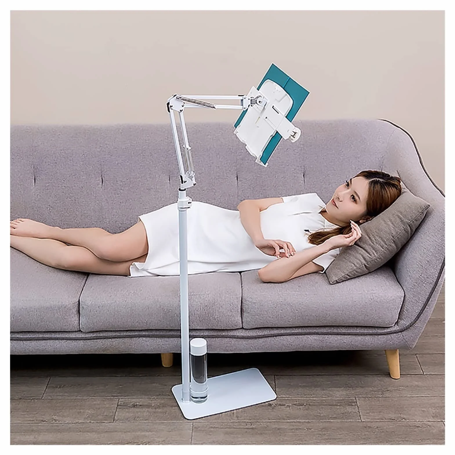 Klappbares Leseregal, Bodenständer, Boden-Leseständer, Buchhalter, höhenverstellbar, Kochbuchständer, Bodenmontage, Langer Arm, Tisch, Bett, Notenständer (Größe: mit Lampe)