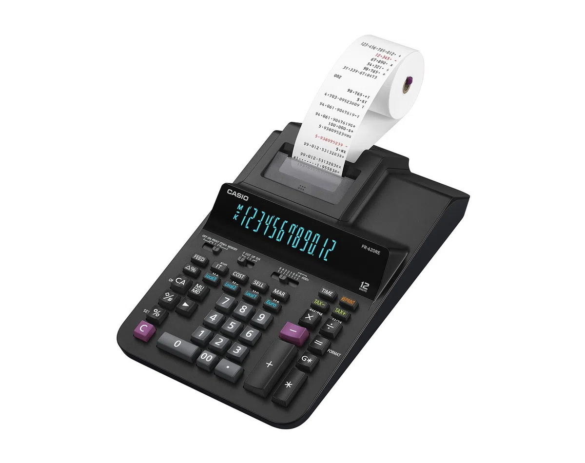 CASIO Druckender Tischrechner FR-620RE, 12-stellig, 2-Farbdruck, Steuerberechnung, Gesamtsummen-Speicher, Netzbetrieb, Schwarz