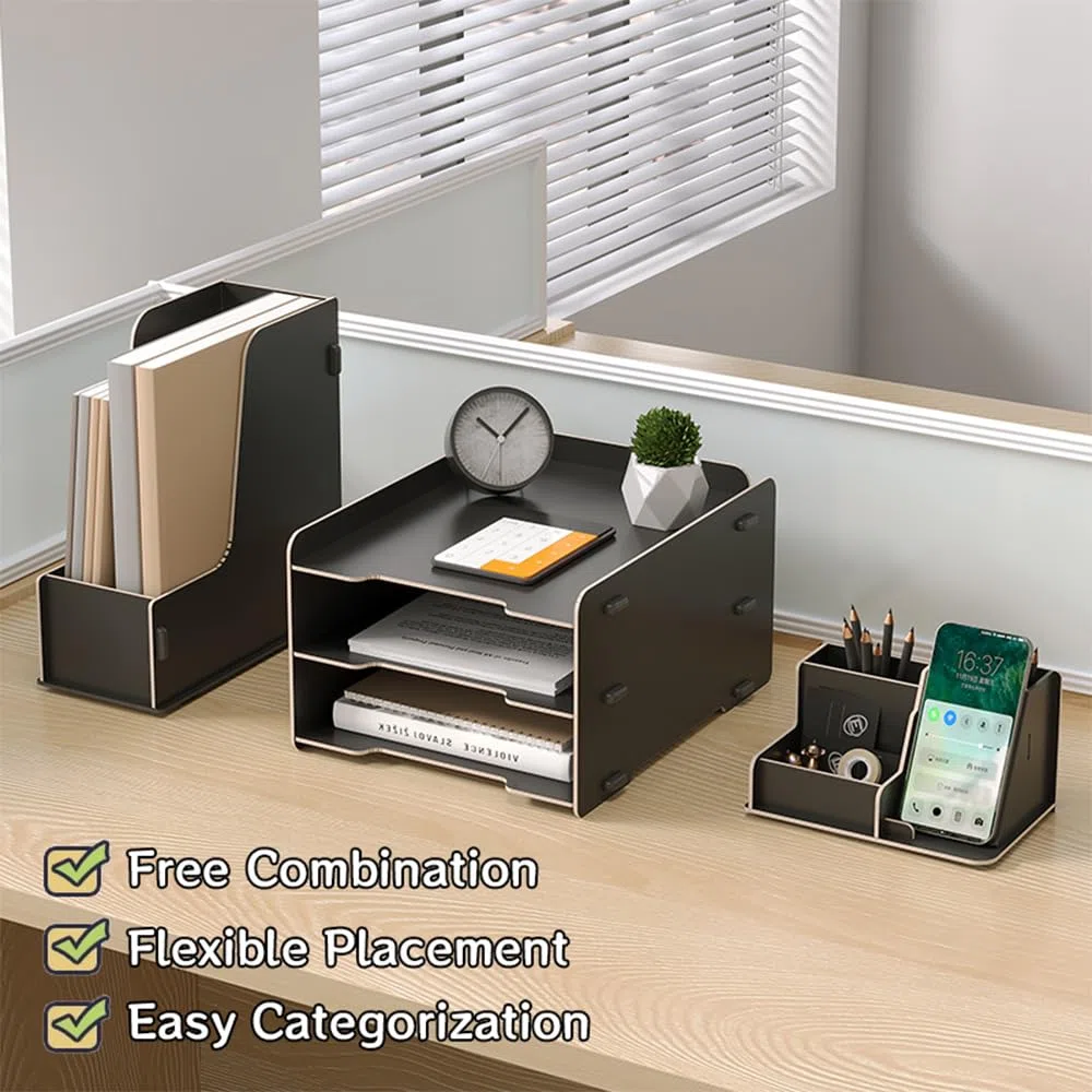 NUODWELL Holz Schreibtisch-Organizer-Set – 3-Etagen-Papier-Briefablage/A4-Datei-Dokumentenhalter/Stiftehalter, Desktop-Organizer und Aufbewahrung für Büromaterial (Schwarz)