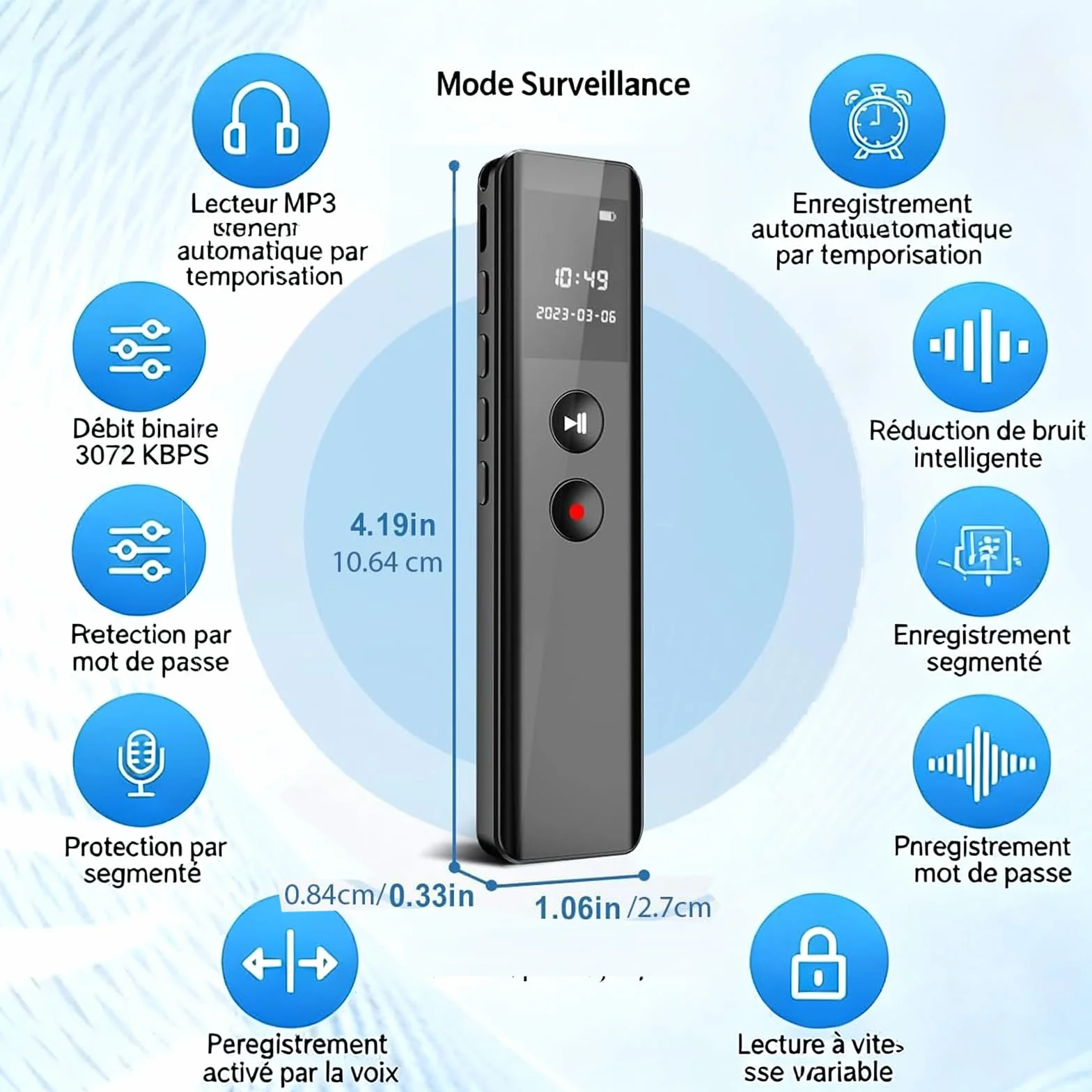 128GB Digitales Diktiergerät mit Wiedergabe,KI Geräuschunterdrückung, Sprachaktivierung, MP3-Player, Passwortschutz, USB-C, Bluetooth-Anrufaufnahme, für Vorlesungen,Meetings,Interviews