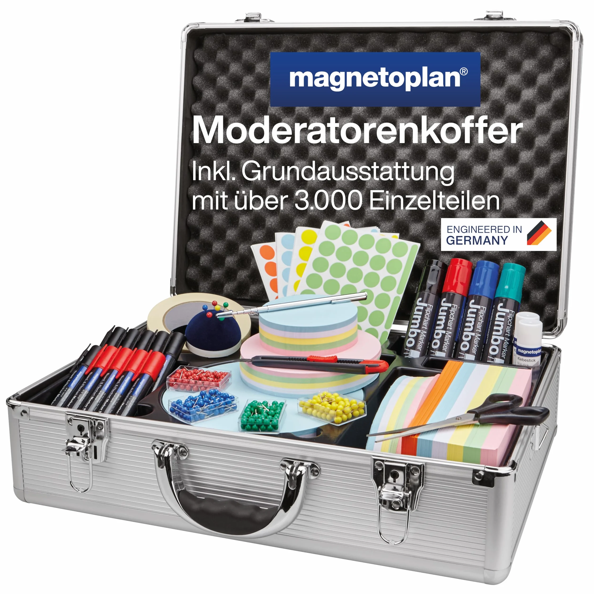 magnetoplan Moderationskoffer l Inkl. 3000 Teile l HxBxT 340x470x165mm l Hochwertiger Aluminiumkoffer, abschließbar l Für Schulungen & Seminare | Hochwertiger Koffer prall, gefüllt l Für Schulung + Seminar | Mit Trageriemen und Griff | HxBxT 340x470x165mm