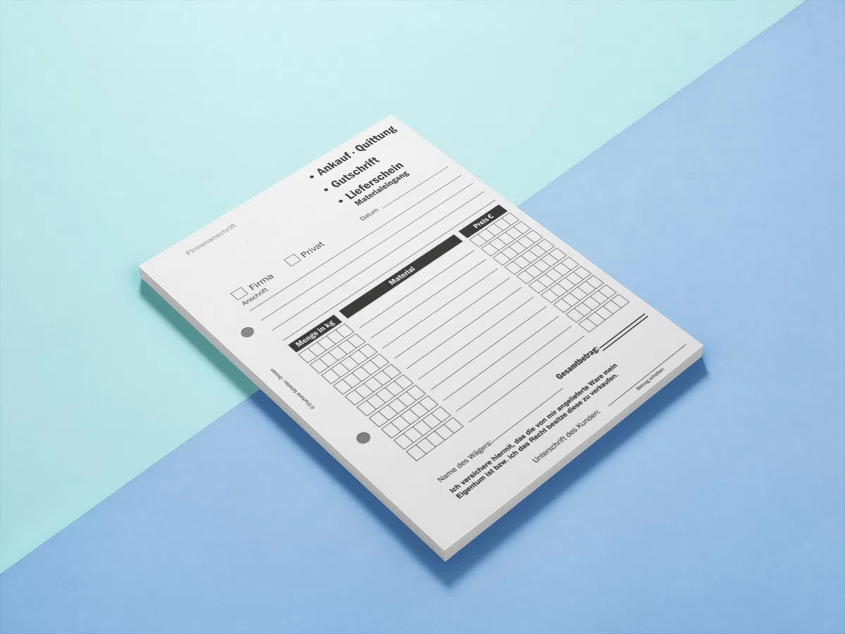 10x Ankaufquittung - Gutschrift - Materialeingang DIN A5, 2-fach selbstdurchschreibend,2x50 Blatt weiß/grün - gelocht (22608)