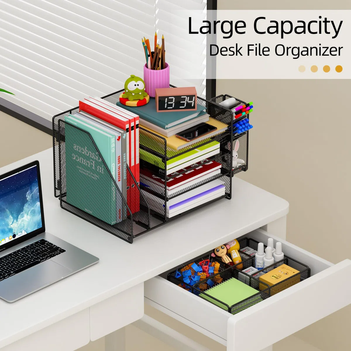 Schreibtisch Organizer mit Aktenhalter - 5-Tier Briefablage Ablagefächer mitSchublade,4 Stithalter, Schreibtisch-Aufbewahrung, Zeitschriftenhalter fürBürobedarf (schwarz)