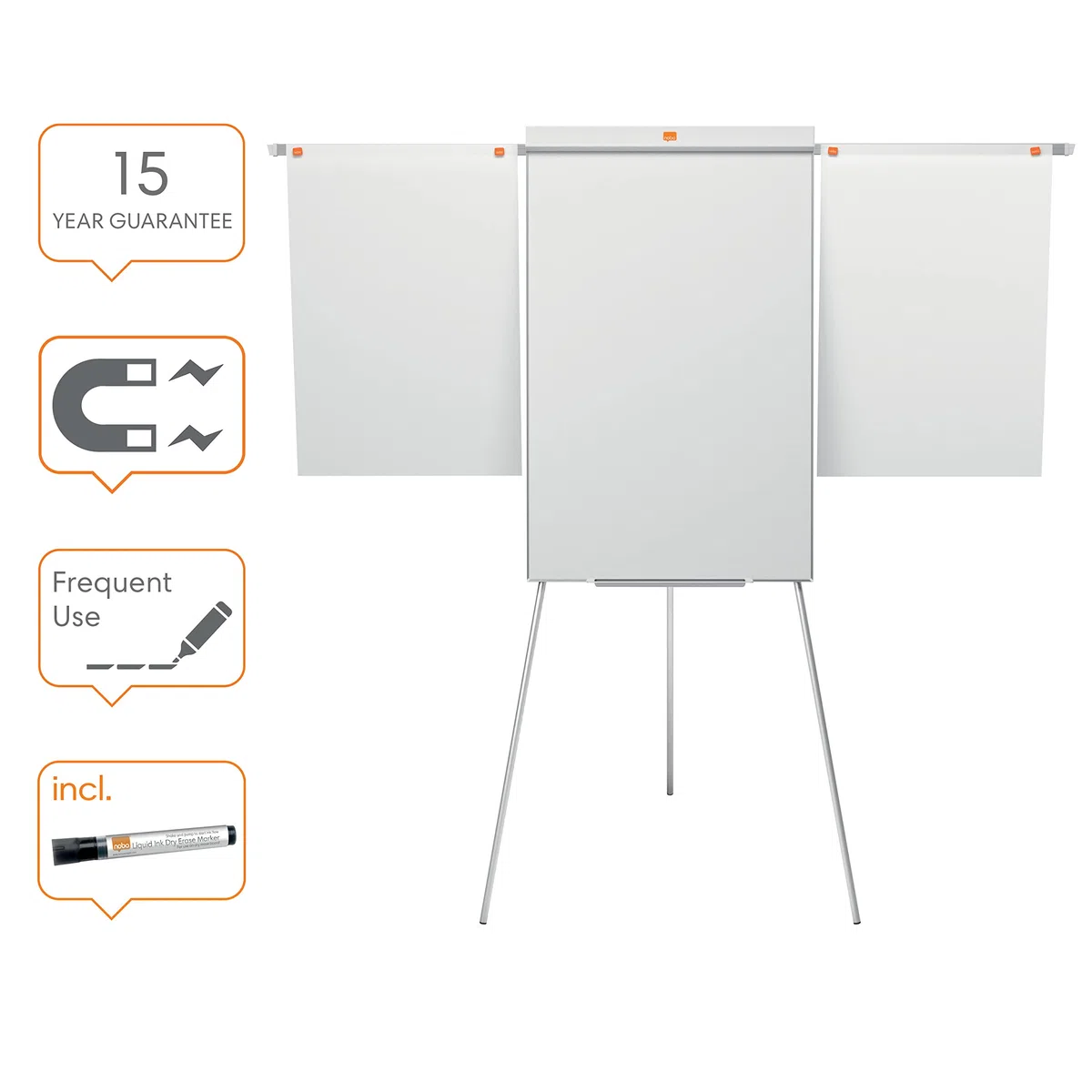 Nobo Impression Pro Magnetische Flipchart/Whiteboard aus Stahl mit Verlängerungsarmen, 3-fache Breite, höhenverstellbare Tafel, mit Stifthalter & Aufhängung für Flipcharts, weiß, 1901918