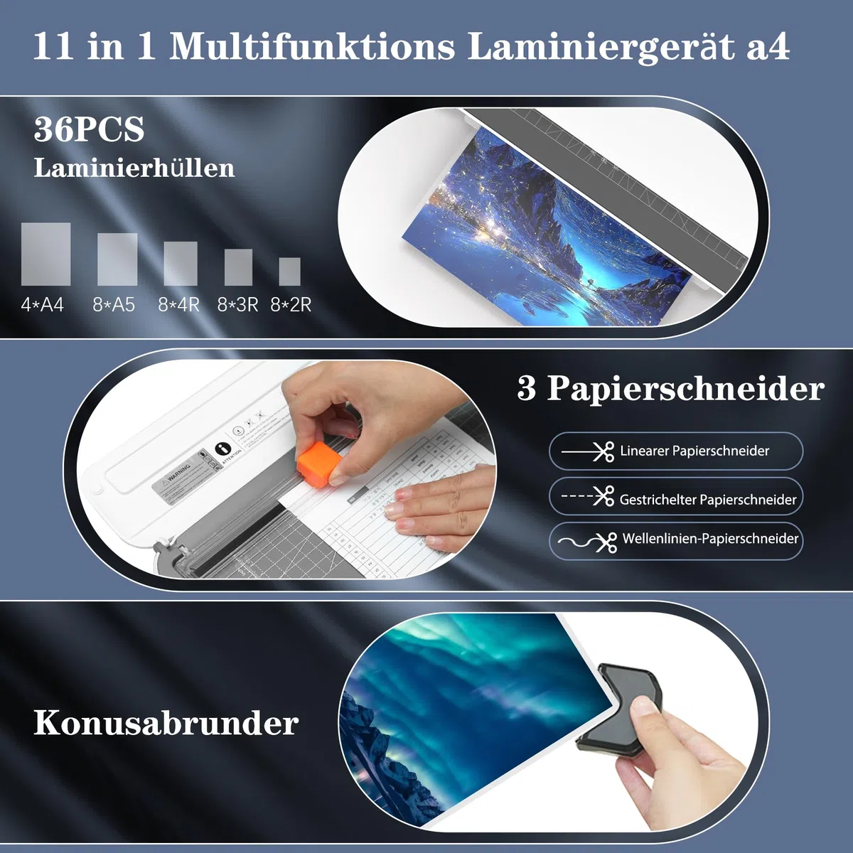 Thermolaminiergerät für A4-Größe, A4 Laminiergerät, 11 in 1 Thermolaminiergerät mit 36 Laminierfolien, Kalt-Heiß-Laminiergerät, 3 Schneideköpfe und integrierter Trimmer für Schule, Heim und Büro