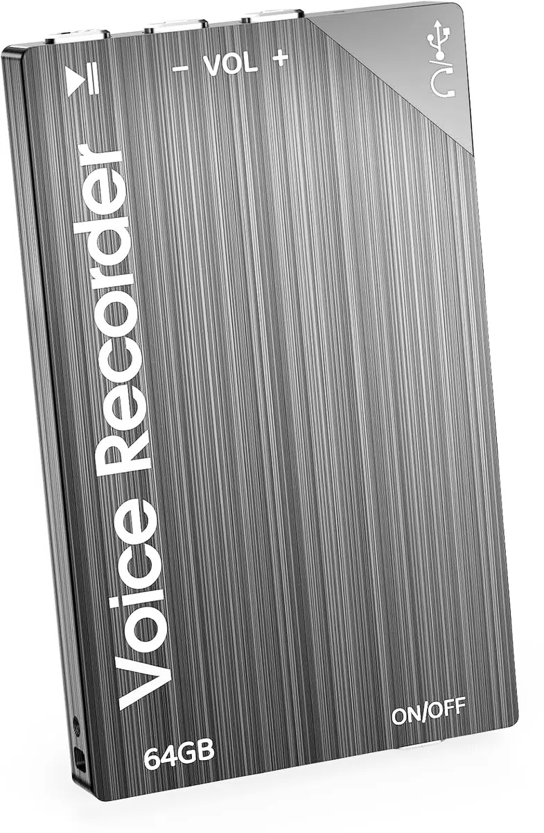 Glracd Ultraflaches Diktiergerät (0,8cm) mit DSP-Rauschfilter - 64GB MP3 Recorder für 80h Vorträge, Konferenzen & Vorlesungen (10,6 * 6,3 * 2,9)