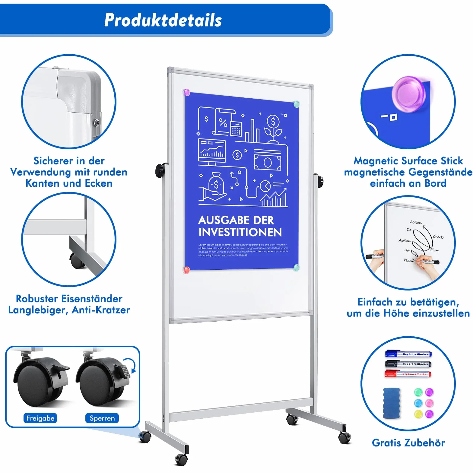 maxtek Höhenverstellbar Mobiles Whiteboard 120 x 80 cm, Doppelseitiges Magnetisches Whiteboard mit Ständer, Trocken Abwischbar für Büro, Klassenzimmer und Zuhause