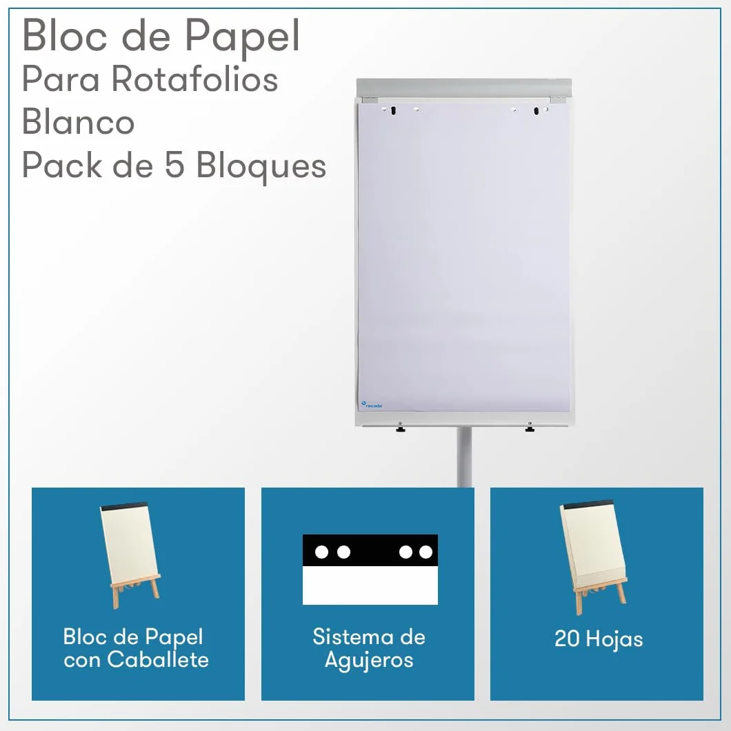 Rocada | Weißes Papier-Block | Universal-Papierblock für Tafeln mit Staffelei | Lochsystem | 70 g | 5 Blöcke