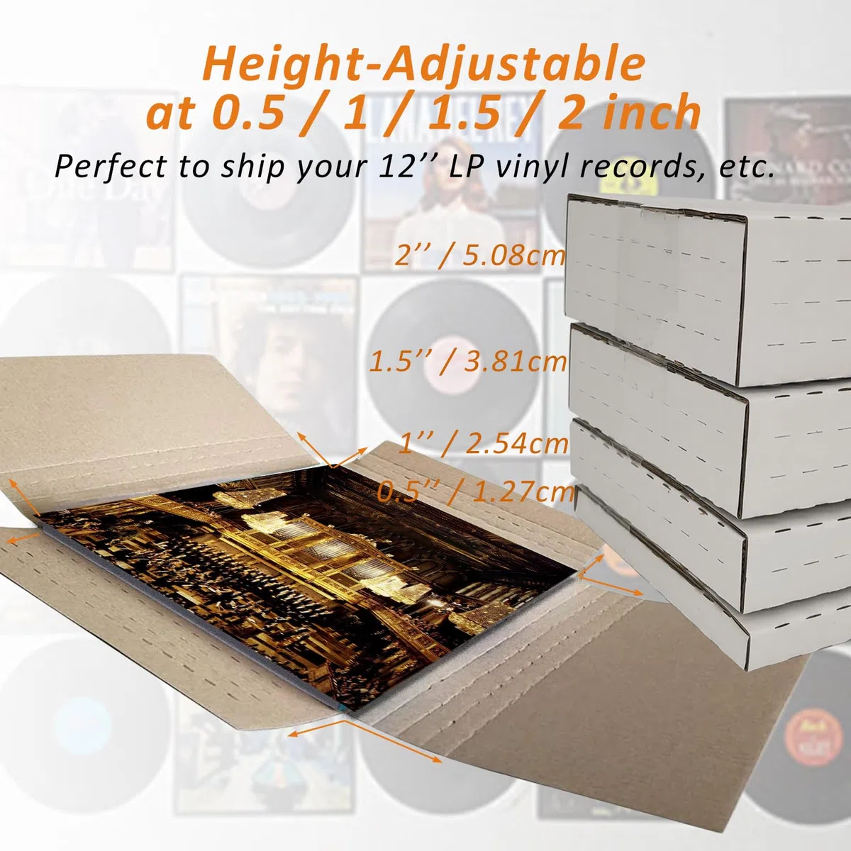 50 Stück Vinyl-Schallplatten-Versandkartons für LP-Alben, 32 x 32 x 5 cm, höhenverstellbar, Wellpappe, leicht faltbar, Weiß (EM1212)