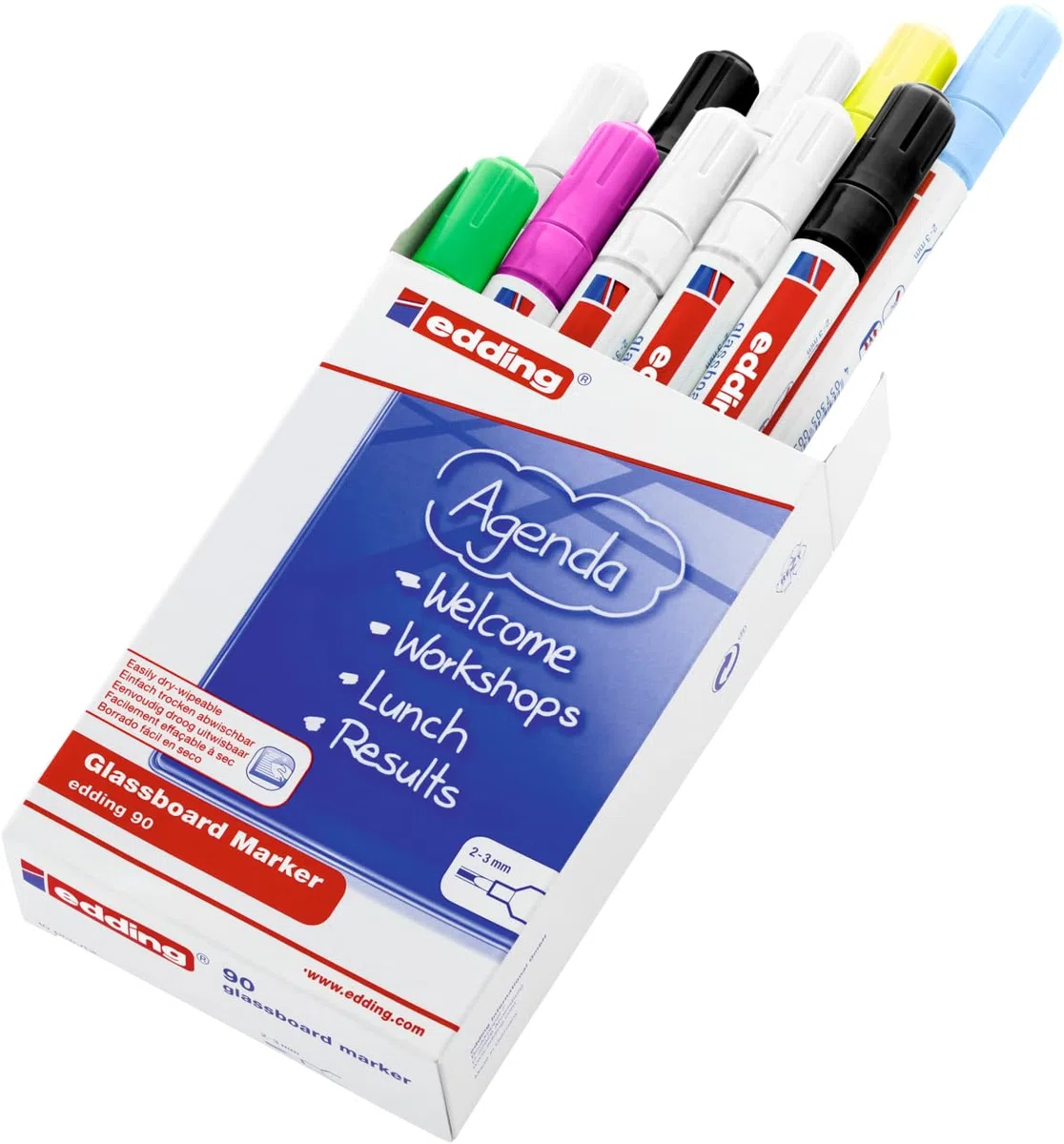 edding 90 Glasboardmarker - bunte Farben - 10 Glasboard Stifte - Rundspitze 2-3 mm - Fensterstift abwaschbar - zum Schreiben und Markieren auf Glasoberflächen, Fenster, Glasboards - trocken abwischbar