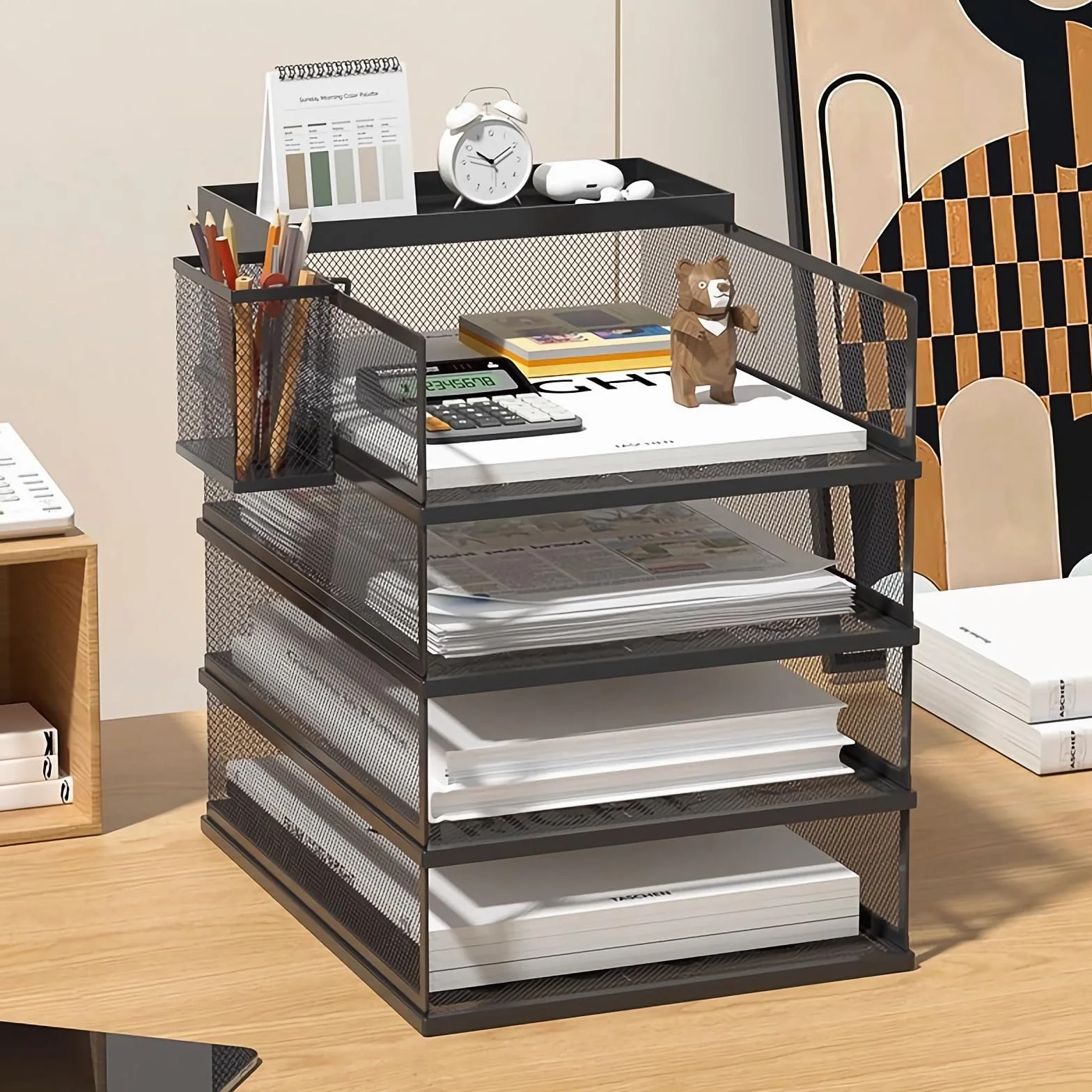 Stapelbare Briefablage mit 5 Ebenen, Büro-Schreibtisch, Papier-Organizer, Aktenablagen, Schreibtischhalter für Papierbriefzubehör, mit Stifthalter
