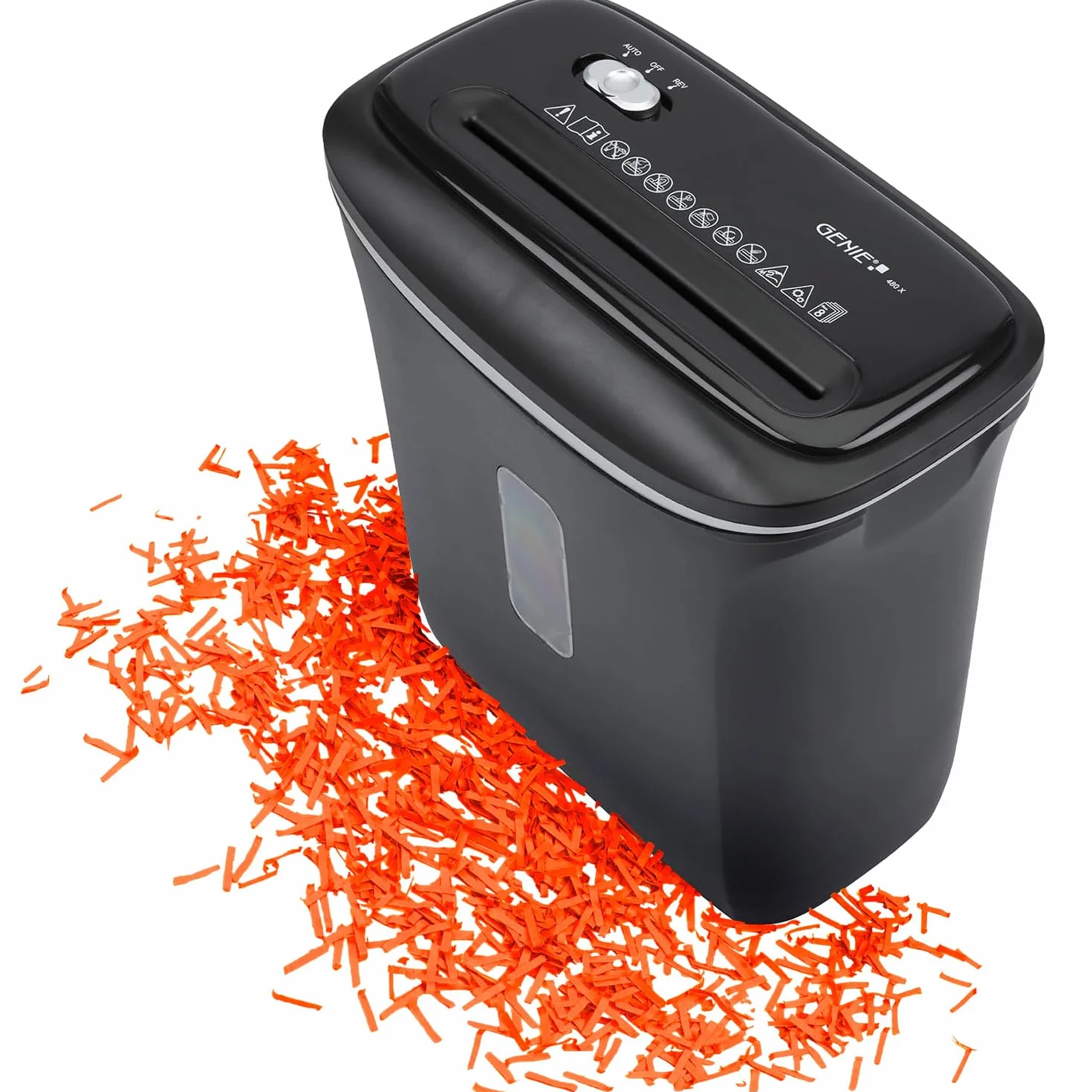 GENIE 480 X Aktenvernichter, bis zu 8 Blatt, Partikelschnitt (Sicherheitsstufe P-4), inklusive Papierkorb, Schwarz, 322 x 325 x 170 mm