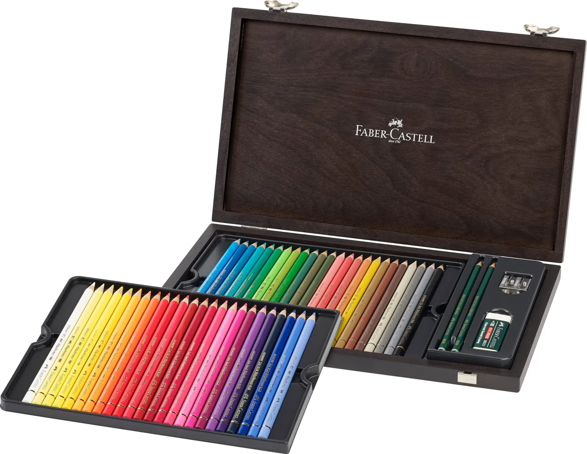 Faber-Castell - Polychromos Buntstifte Set 48 Farben im Holzkoffer | 48 Künstlerfarbstifte mit 3,8 mm Mine, inkl. 2 Bleistifte, Radierer und Anspitzer im Holzkoffer