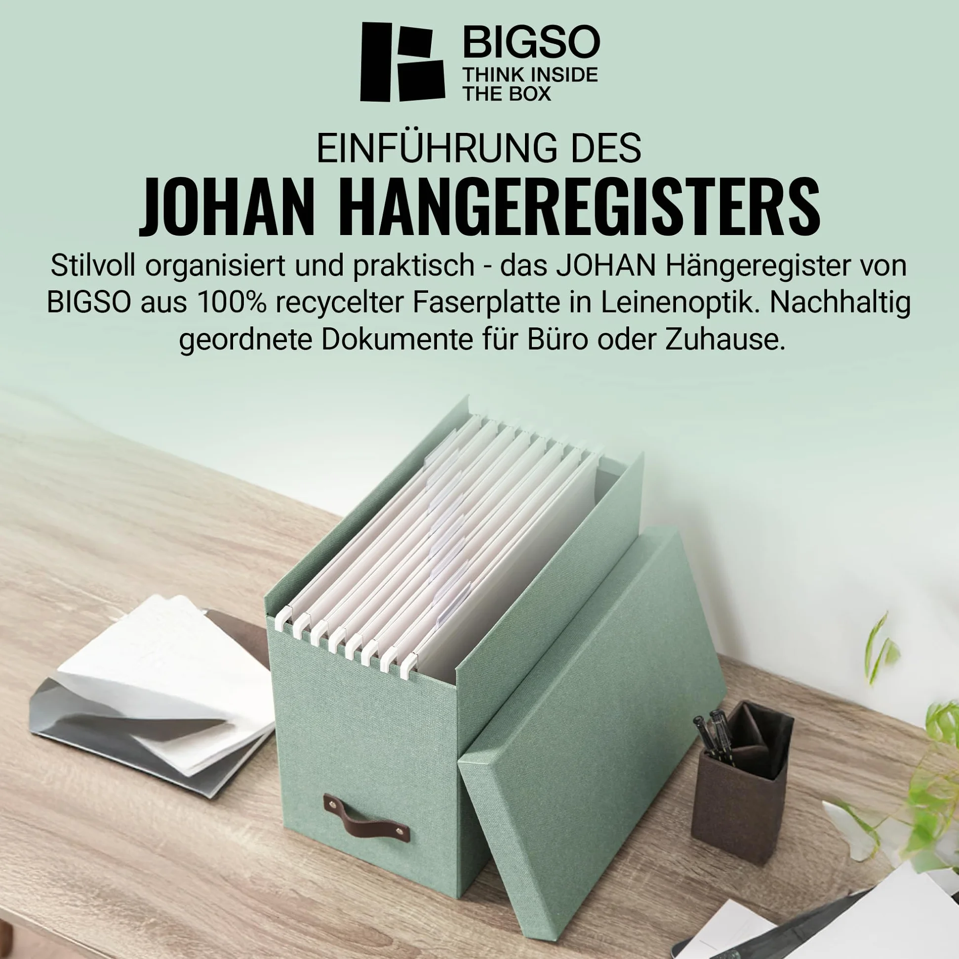 BIGSO JOHAN Hängeregisterbox A4 – Hängemappenbox mit Deckel und Griff – Schreibtischablage für Hängemappen & Dokumente – Aufbewahrungsbox aus recycelter Faserplatte und Papier – mintgrün