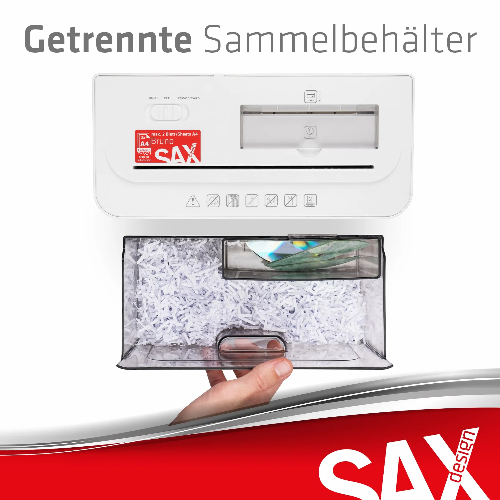 Sax Aktenvernichter Bruno – Partikelschnitt 3x18mm, Schreddert Papier, CDs & Karten, 220mm Zuführungsöffnung, 2 Blatt A4 Kapazität, 3,5L Behälter, Leise bis 70dB, Ideal für Büro & Home-Office