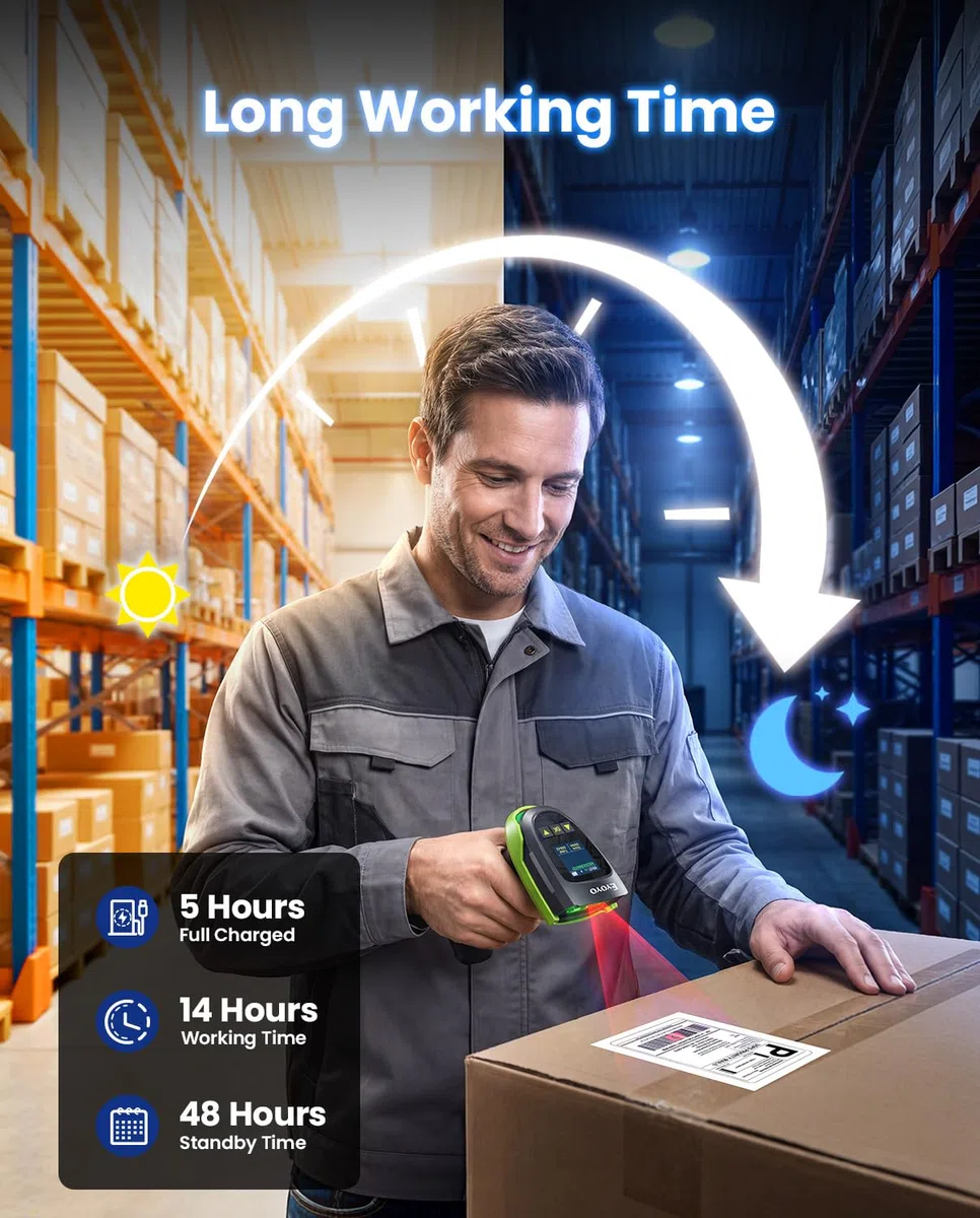 Eyoyo Barcode-Scanner kabellos mit Bildschirm: Pro 1D 2D QR Bluetooth-Scanner, Wandhalterung mit Ladestation und Verriegelung, 2900 mAh austauschbarer Akku, 1,44-Zoll-LCD-Tastatur