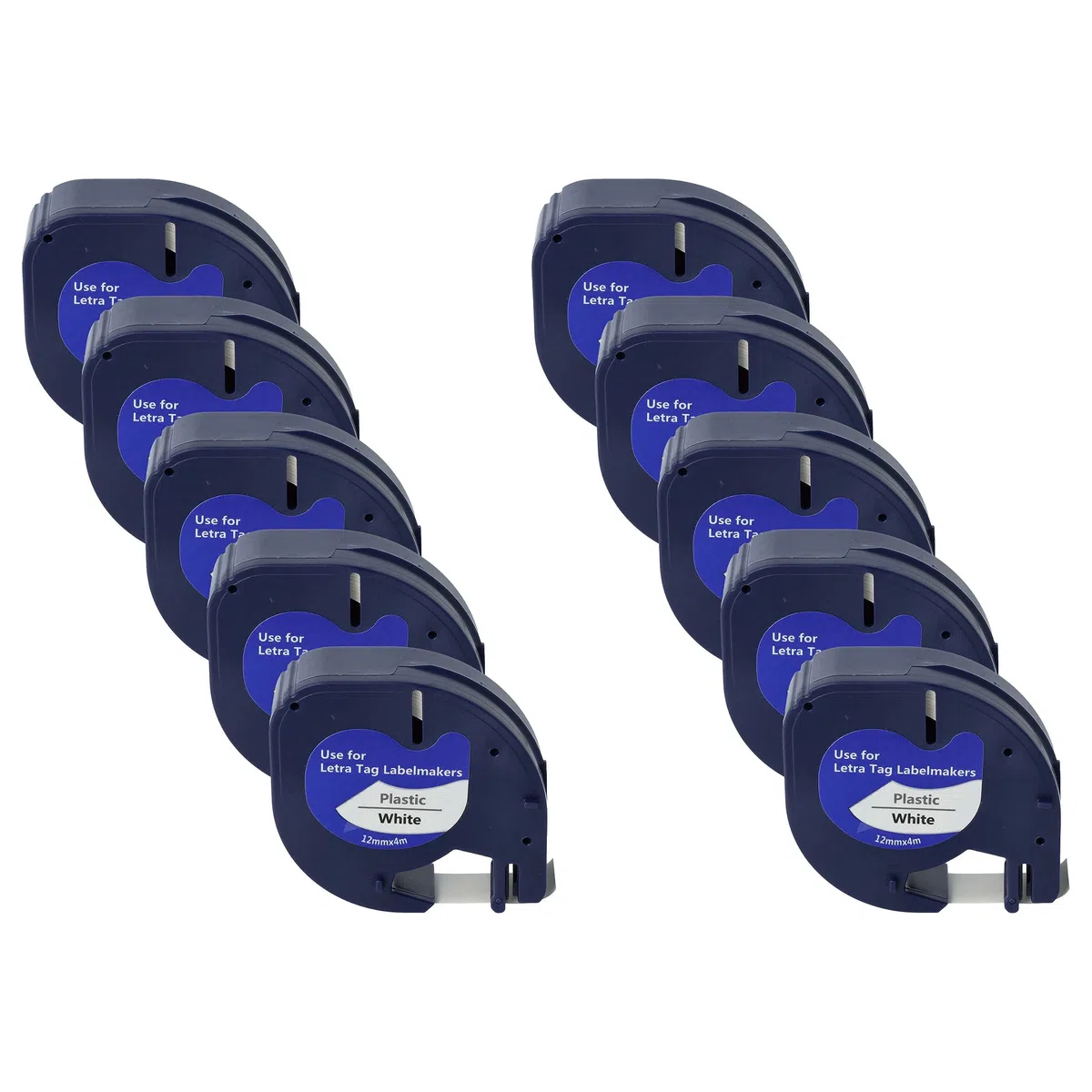 vhbw 10x Schriftband Plastik kompatibel mit Dymo LetraTag Plus LT-100T | XM, 2000, LT-100H Etiketten-Drucker Schwarz auf Weiß 4m x 12mm