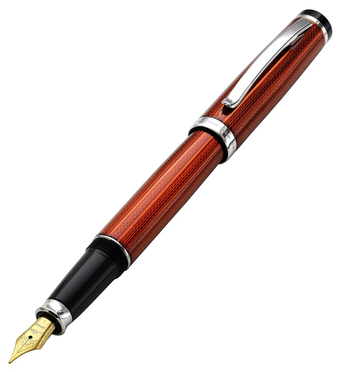 Xezo Incognito Fountain Pen, Medium Nib. Sunstone Orange Layered Lacquer with Pure Platinum Plating. Handcrafted, Limited Edition, Serialized