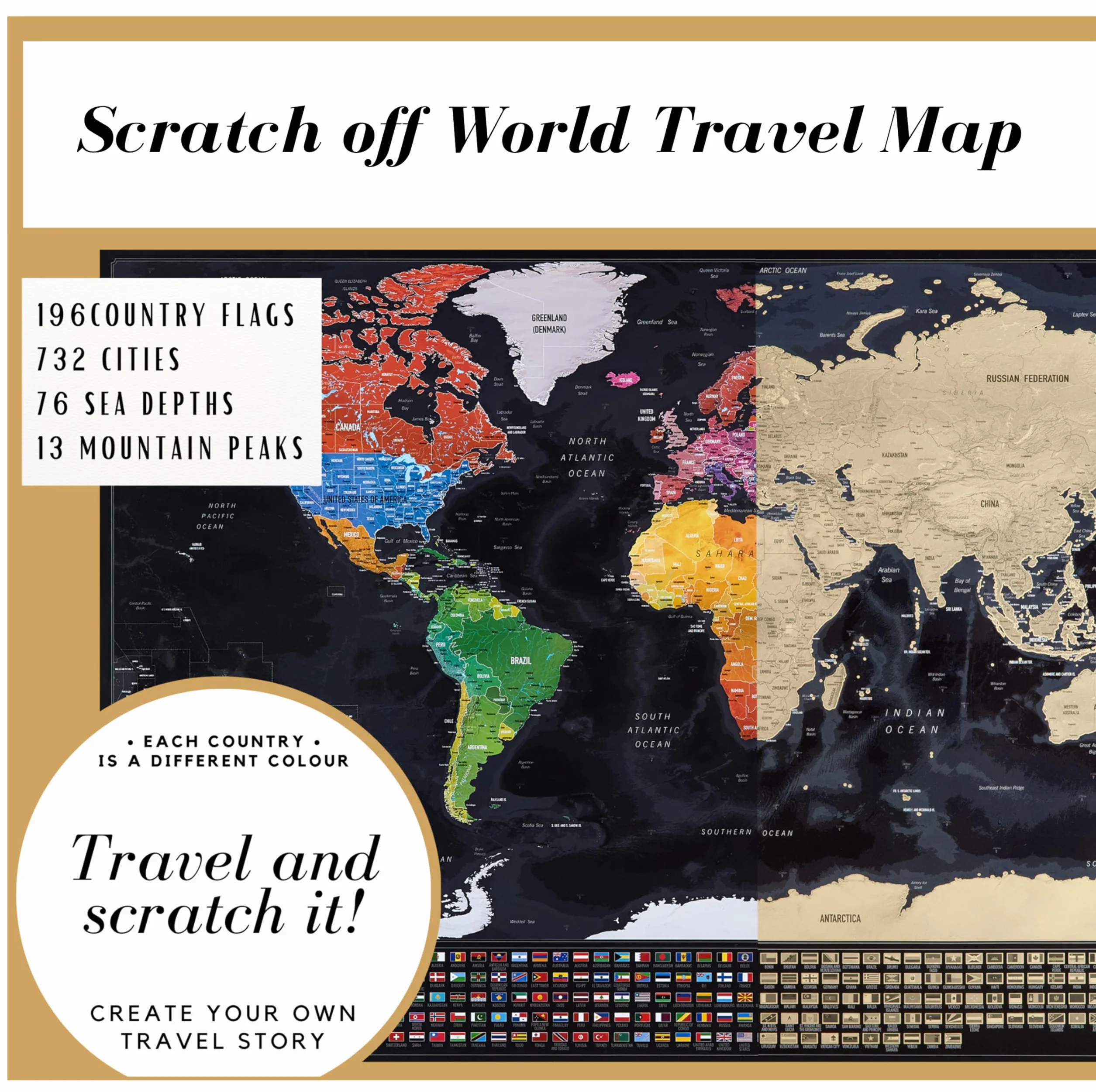 Scratch off World Map - Black Map with Gold Foil, Map size to fit standard Frames, World Map with Country Flags