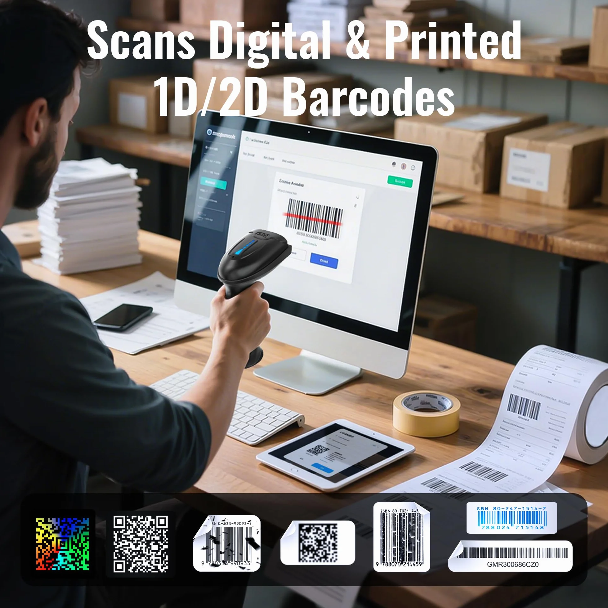 Tera Barcode Scanner 1D 2D QR Wireless Kabellos 2,4 GHz + Wired USB 2,0 Kabelgebunden Handscanner Barcodelesegerät 5 Mil Auflösung 100m Reichweite, Bildschirm-Scannen Unterstützt, D5100