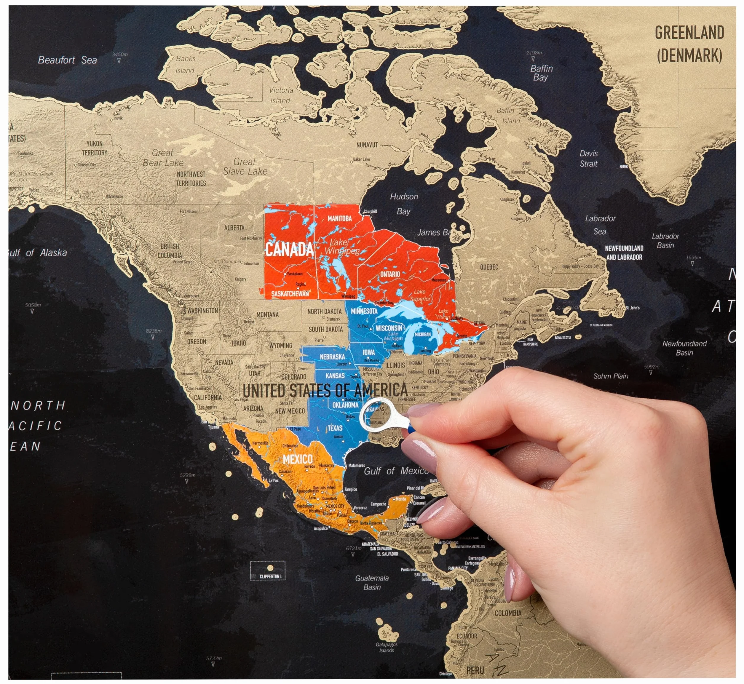 Scratch off World Map - Black Map with Gold Foil, Map size to fit standard Frames, World Map with Country Flags