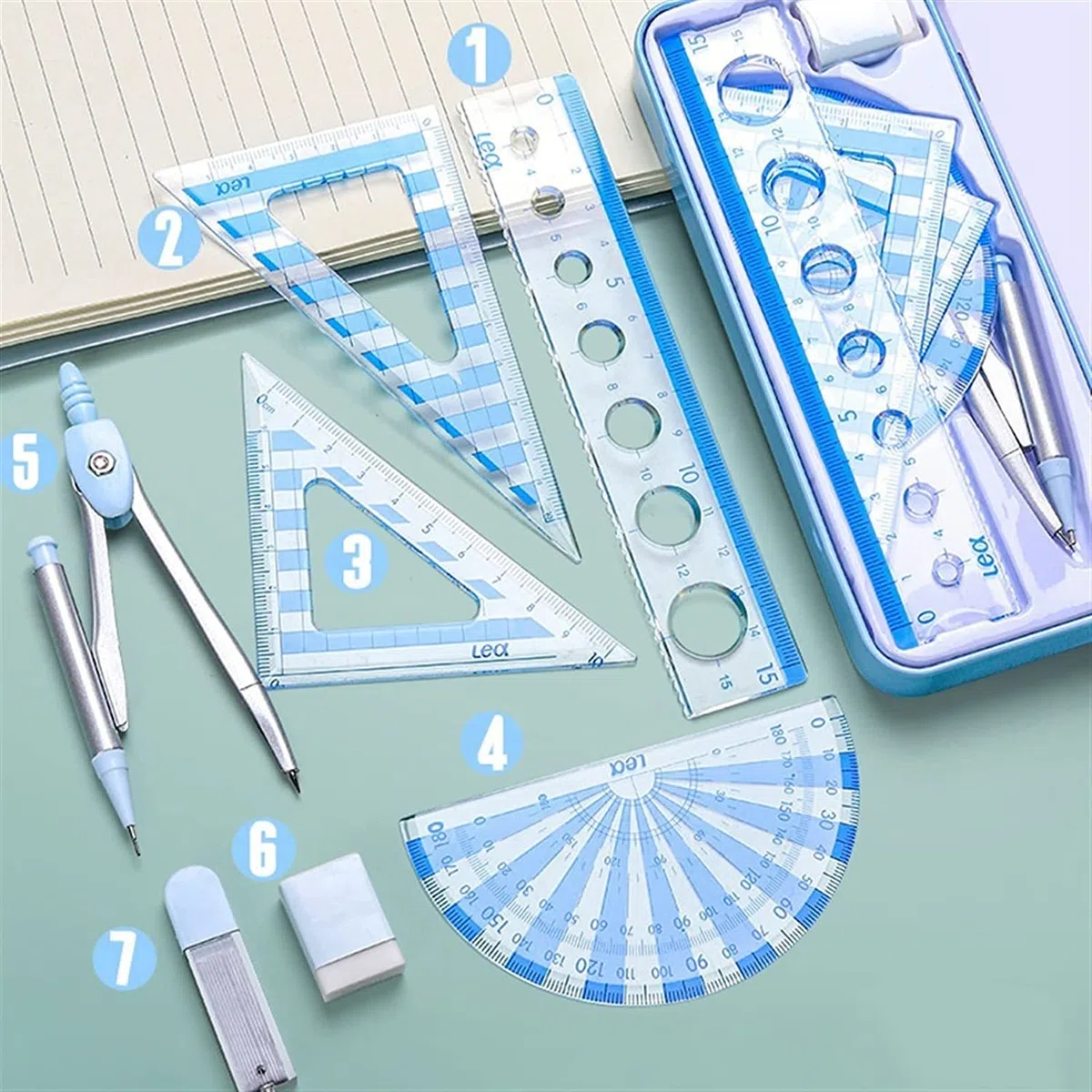 AKAZI Kompass-Set Multifunktionale Kompasse – Zirkel Lineale Radiergummi Mathe-Set Schule Zeichenwerkzeug-Set for Studenten Büromaterial (7PCS) Geometrie-Set (Color : Pink) (Pink)