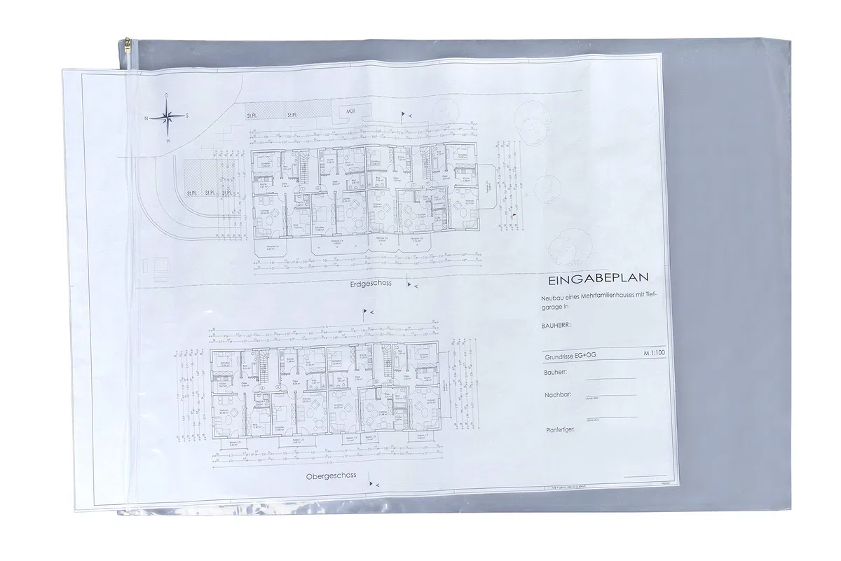 (640 x 900 mm) Din A1 – 10 Stück | Transparente Schutzhüllen mit Reißverschluss | Wasserfest, reißfest, beschreibbar | Schutzfolie für Baupläne & Dokumente