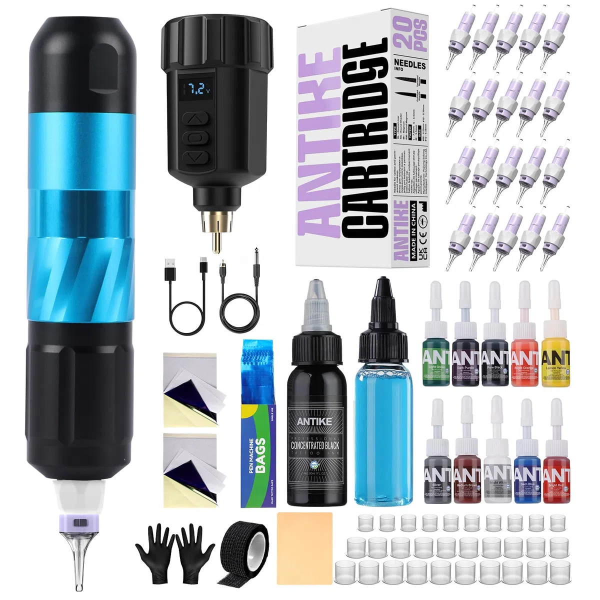 Wireless Rotary Pen Maschine Set, Kabelloses Komplett Kit mit 1500mAh LED-Digitalanzeige Akku, 20stk Cartridge, 11 Flasche Tinten für Anfänger und Profis