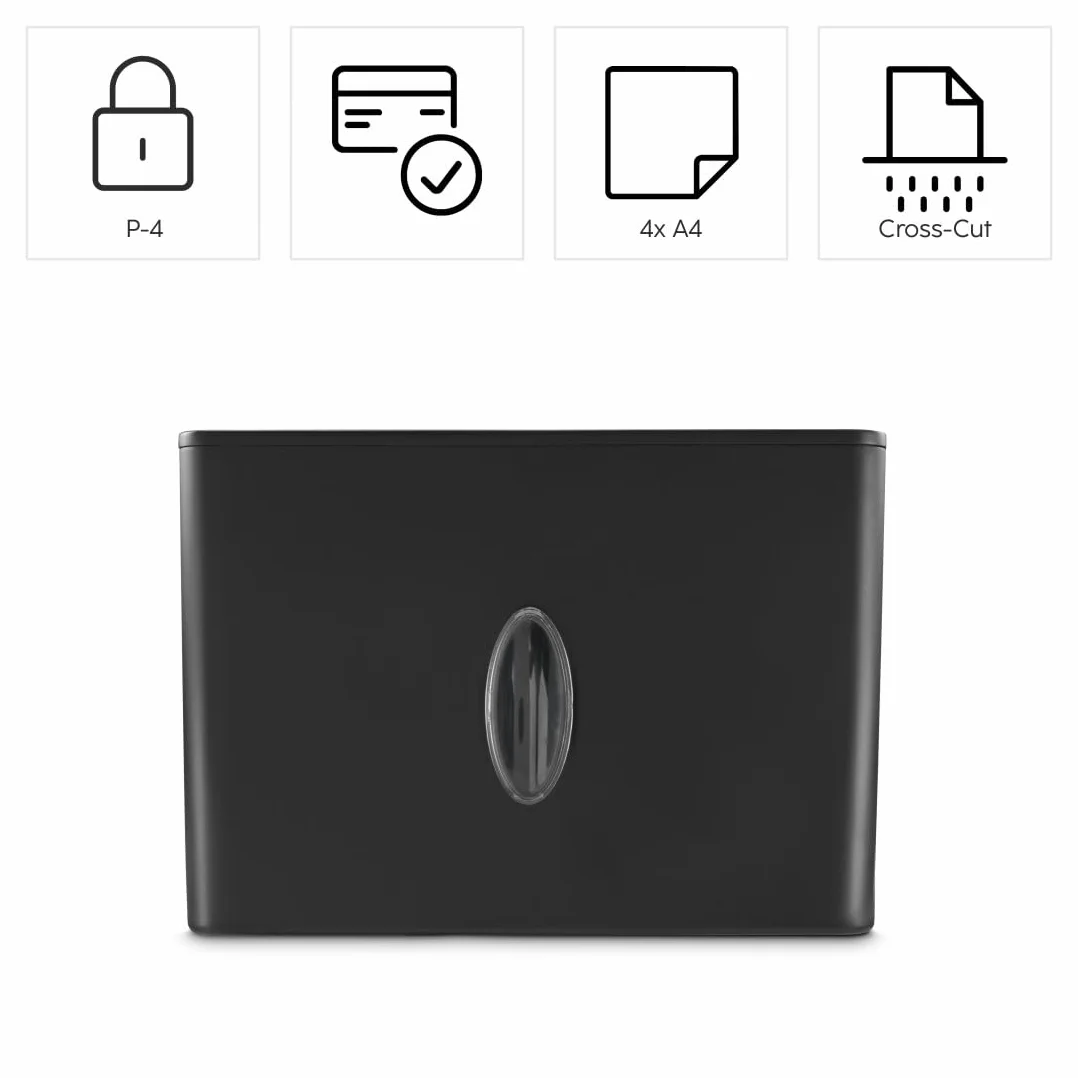 Hama Aktenvernichter P4 T4 E3 (Papierschredder mit Sicherheitsstufe, DSGVO konform, mit Einzug, auch für Plastikkarten, Aktenschredder Kreuzschnitt, inkl. 8l Papierkorb mit Sichtfenster) schwarz