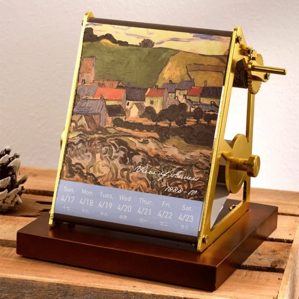 ZQDMYT Ölgemälde-Tischkalender 2022,5.2"x5.3 x4.4, handgekrankter mechanischer Drehkalender mit Massivholzbasis, kreatives Geschenk